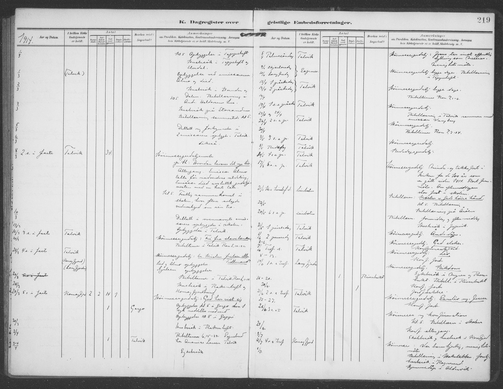 Talvik sokneprestkontor, AV/SATØ-S-1337/H/Ha/L0017kirke: Ministerialbok nr. 17, 1906-1915, s. 219