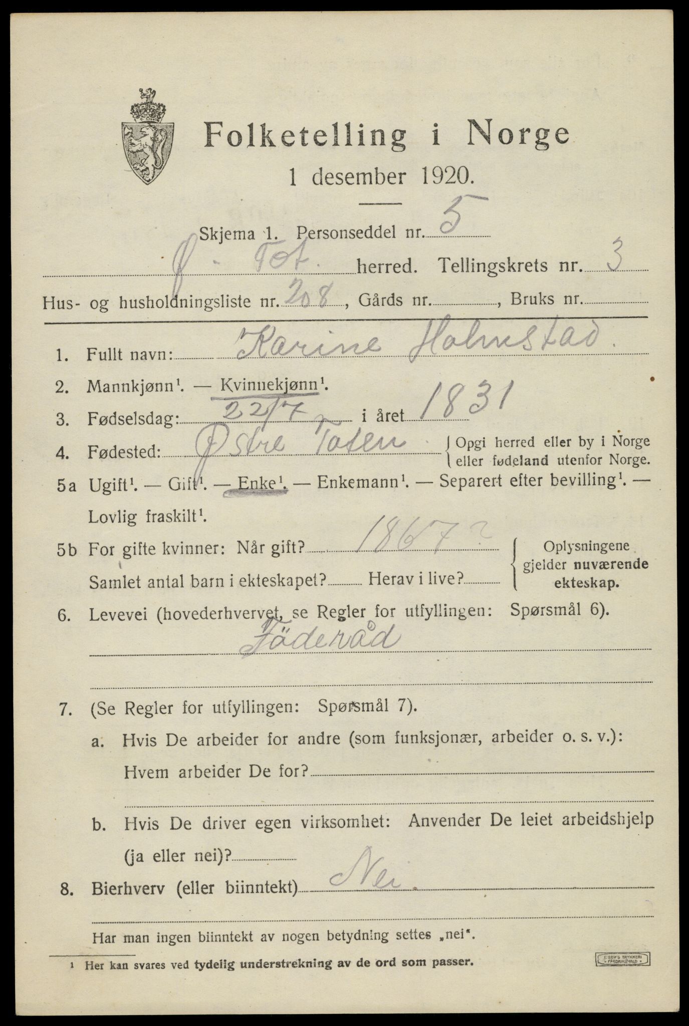SAH, Folketelling 1920 for 0528 Østre Toten herred, 1920, s. 8306