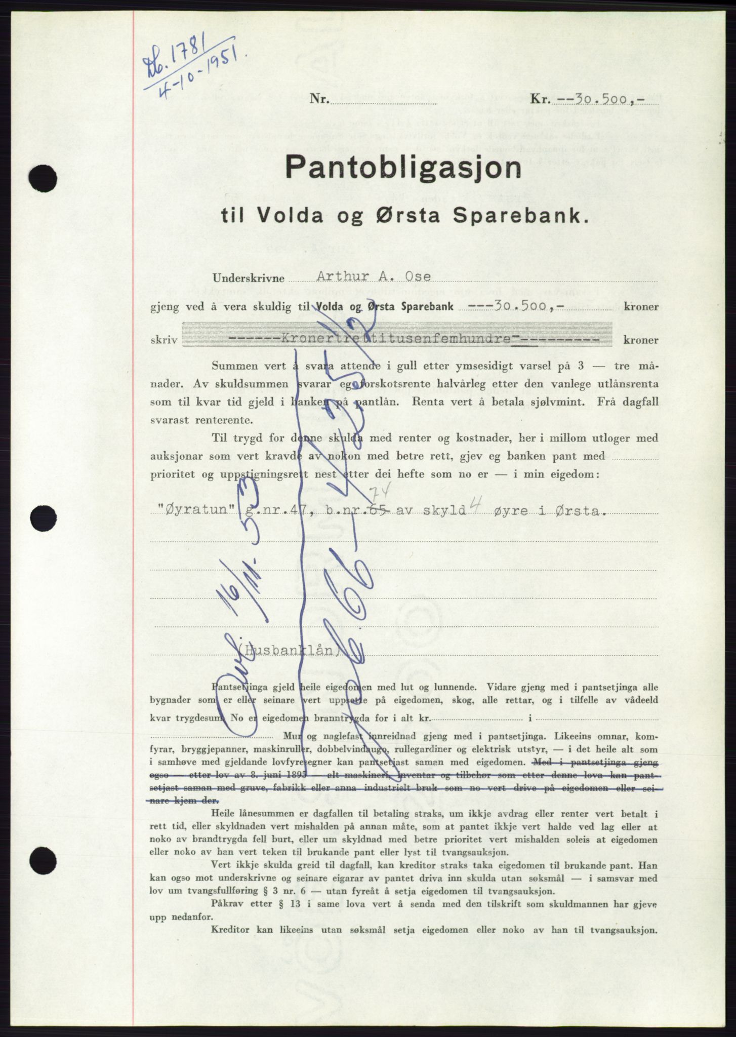 Søre Sunnmøre sorenskriveri, AV/SAT-A-4122/1/2/2C/L0120: Pantebok nr. 8B, 1951-1951, Dagboknr: 1781/1951