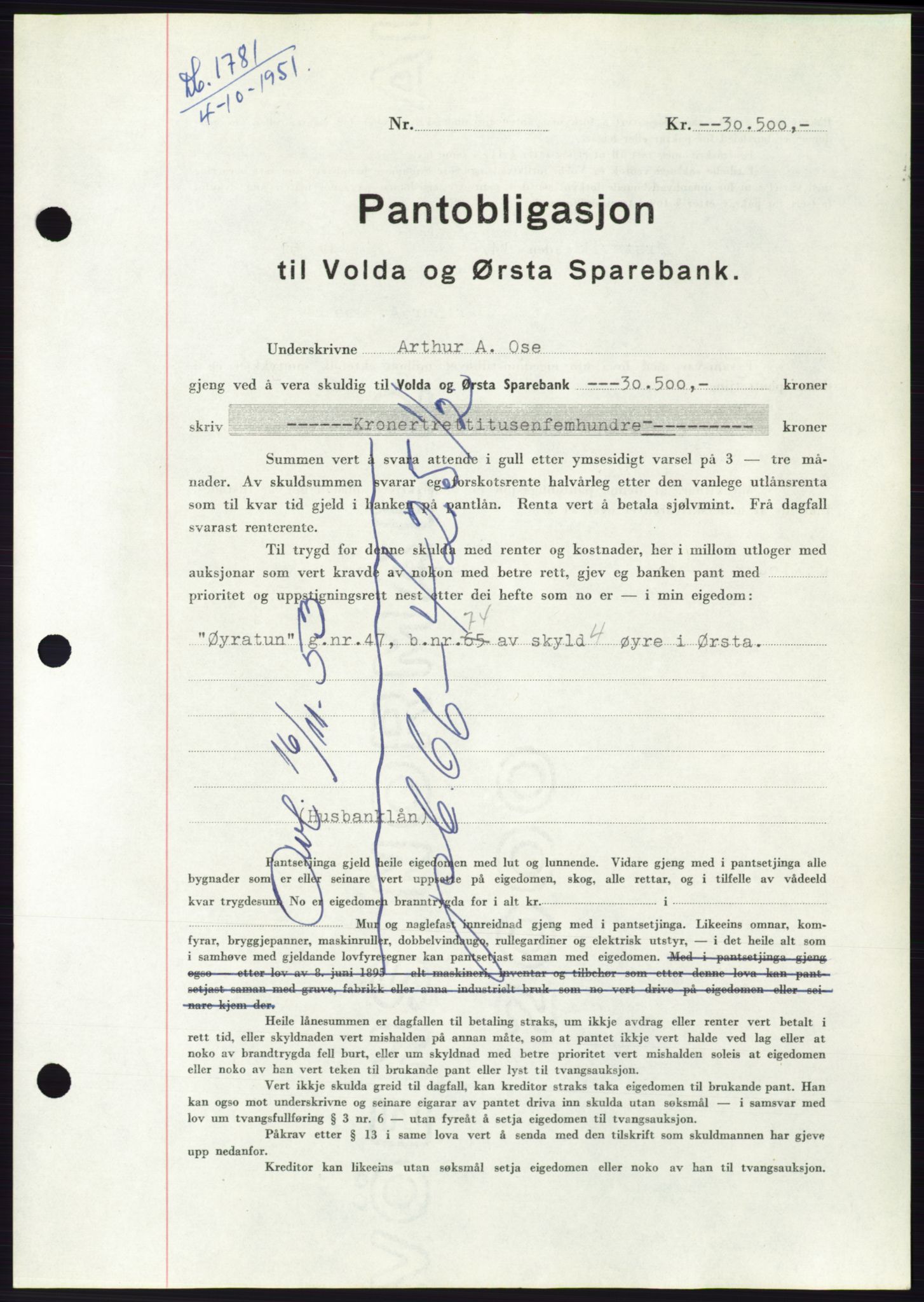 Søre Sunnmøre sorenskriveri, SAT/A-4122/1/2/2C/L0120: Pantebok nr. 8B, 1951-1951, Dagboknr: 1781/1951