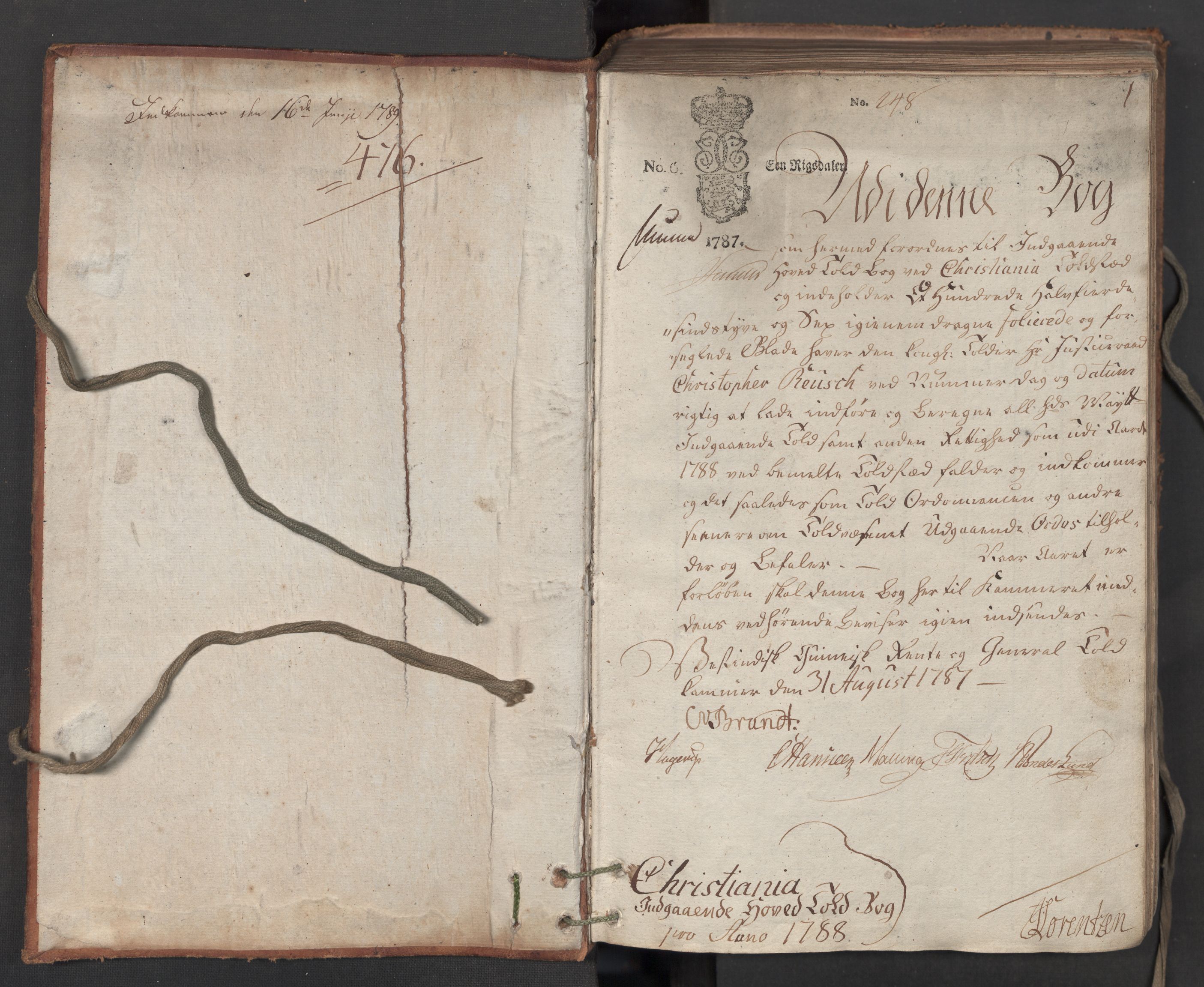 Generaltollkammeret, tollregnskaper, AV/RA-EA-5490/R06/L0173/0001: Tollregnskaper Kristiania / Inngående hovedtollbok, 1788, s. 1a