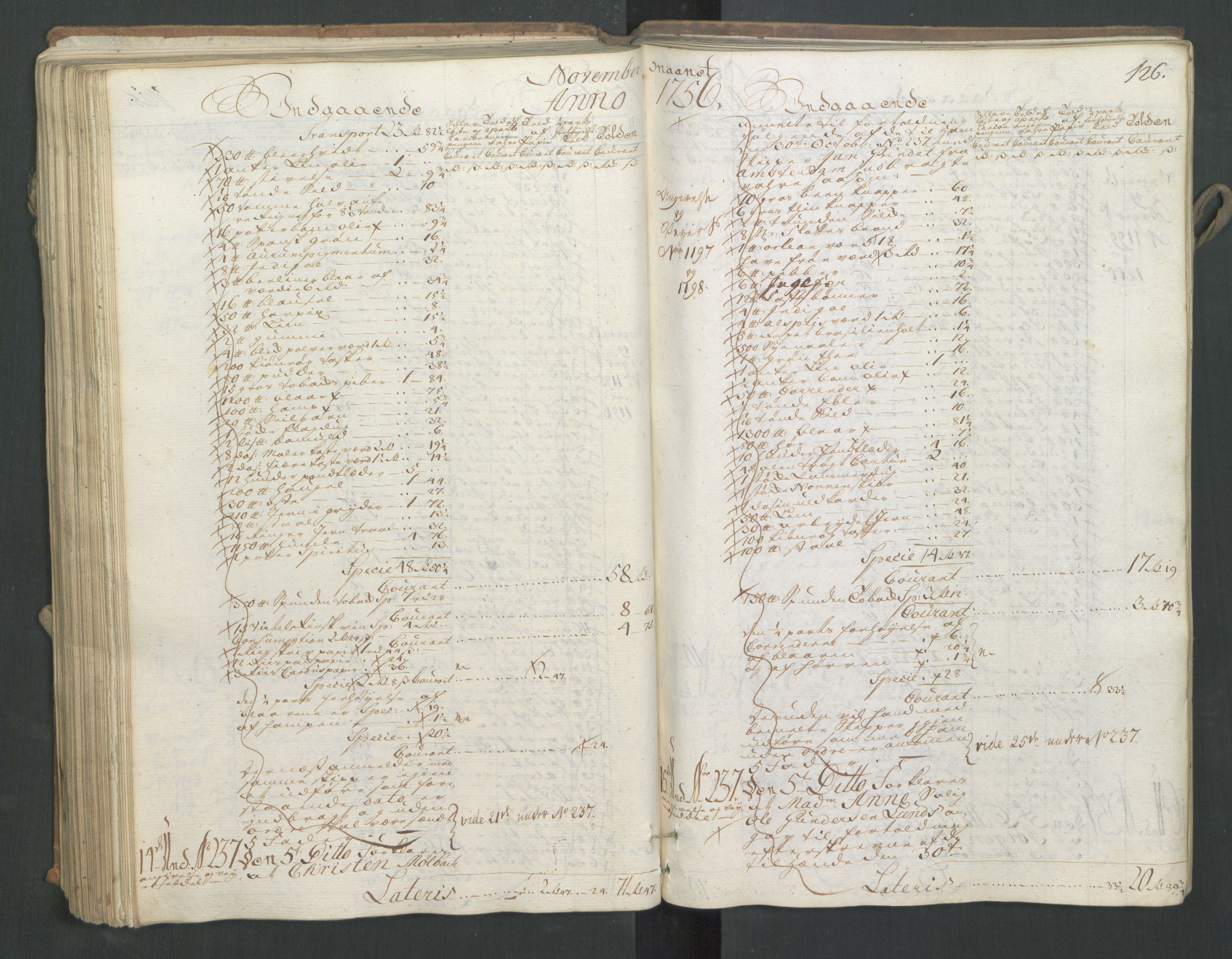 Generaltollkammeret, tollregnskaper, AV/RA-EA-5490/R16/L0033/0001: Tollregnskaper Kristiansand / Inngående hovedtollbok, 1756, s. 125b-126a
