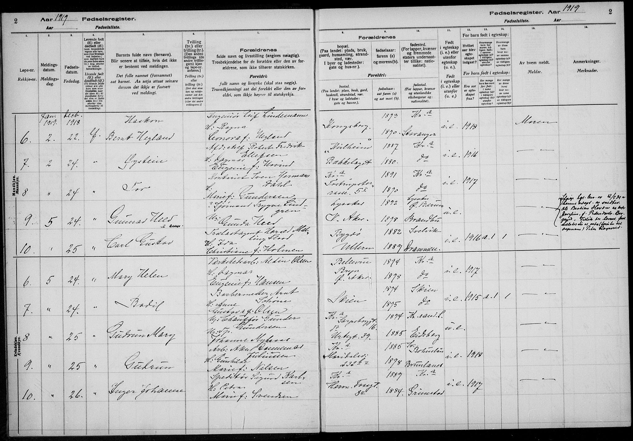 Rikshospitalet prestekontor Kirkebøker, AV/SAO-A-10309b/J/L0004: Fødselsregister nr. 4, 1919-1919, s. 2