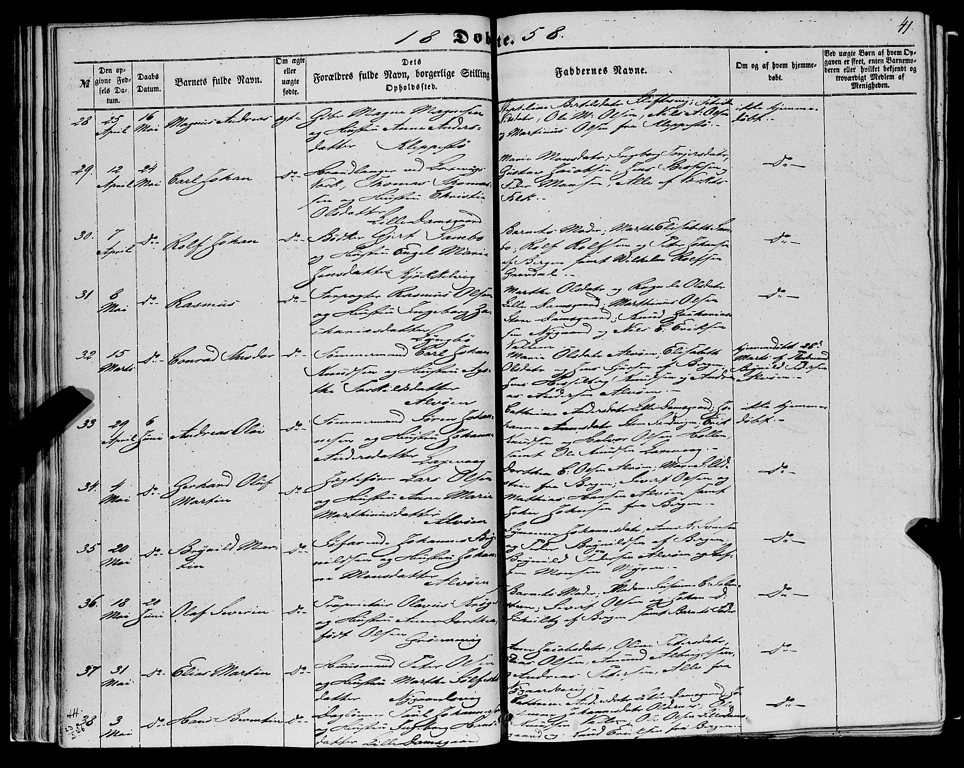Askøy Sokneprestembete, AV/SAB-A-74101/H/Ha/Haa/Haaa/L0008: Ministerialbok nr. A 8, 1852-1862, s. 41