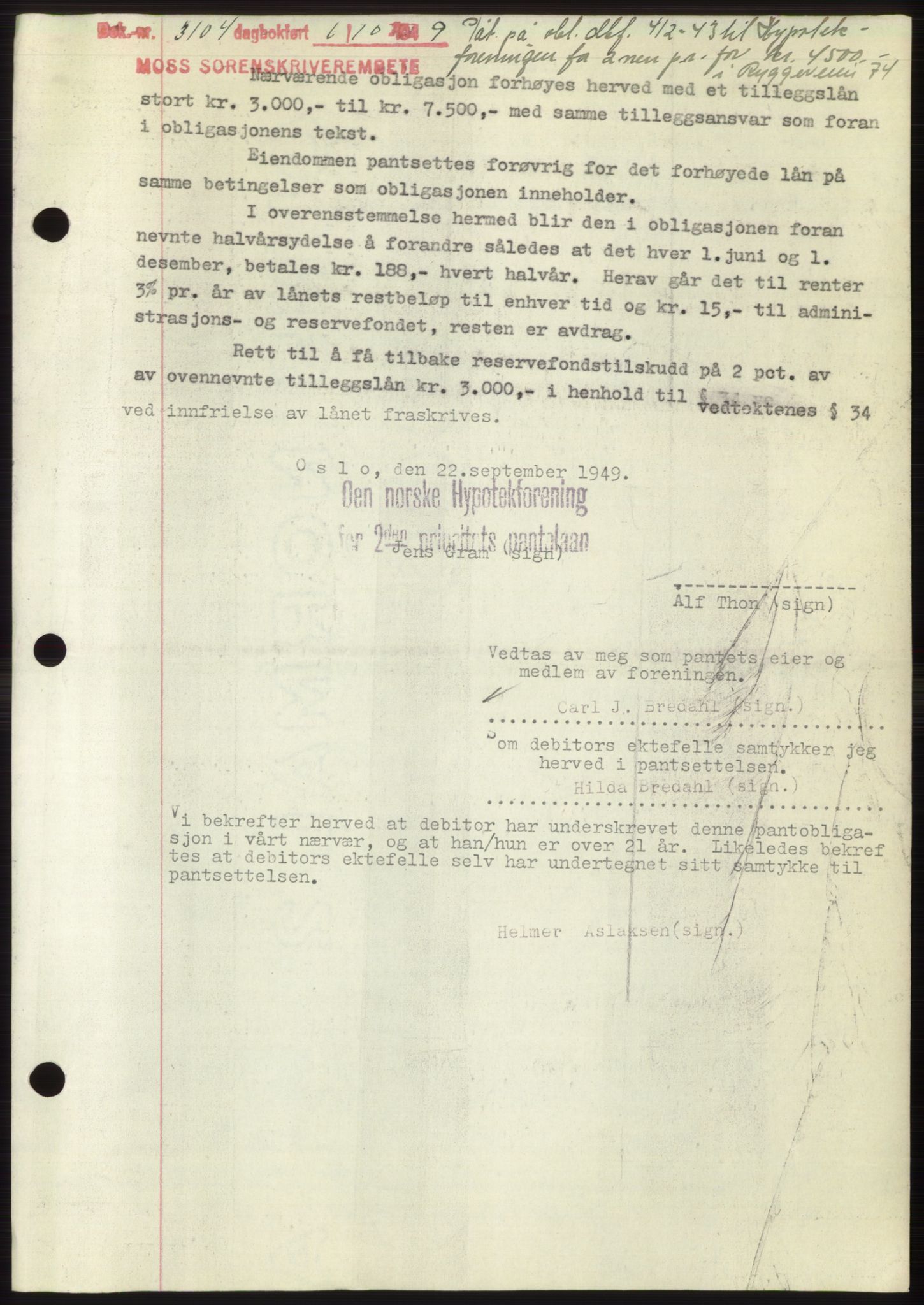 Moss sorenskriveri, SAO/A-10168: Pantebok nr. B22, 1949-1949, Dagboknr: 3104/1949