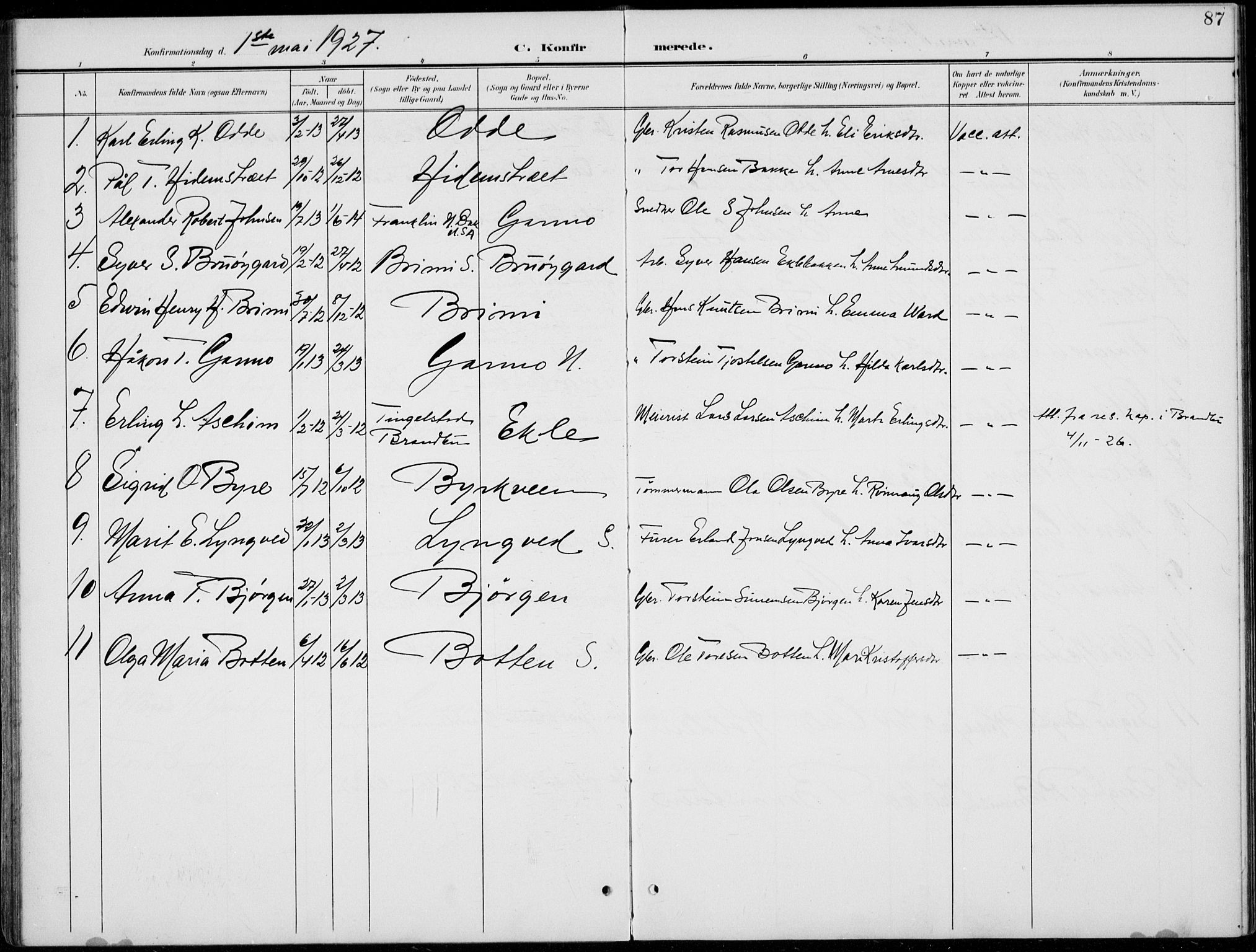 Lom prestekontor, AV/SAH-PREST-070/L/L0006: Klokkerbok nr. 6, 1901-1939, s. 87