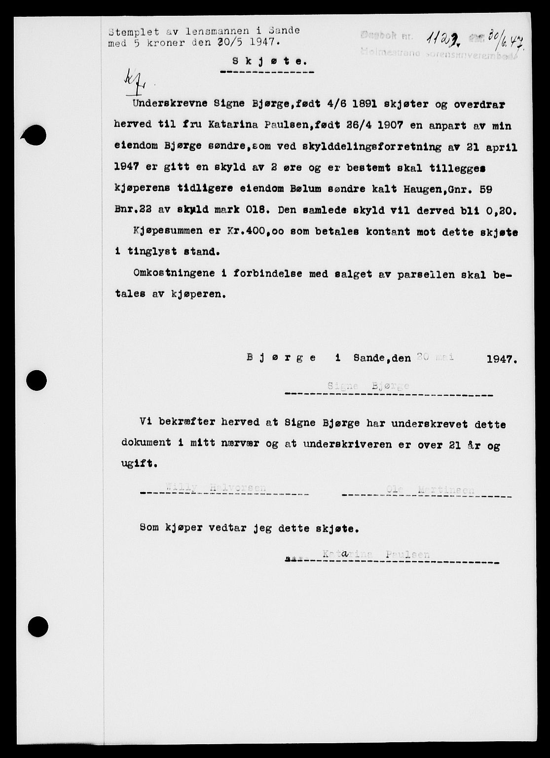 Holmestrand sorenskriveri, SAKO/A-67/G/Ga/Gaa/L0062: Pantebok nr. A-62, 1947-1947, Dagboknr: 1122/1947