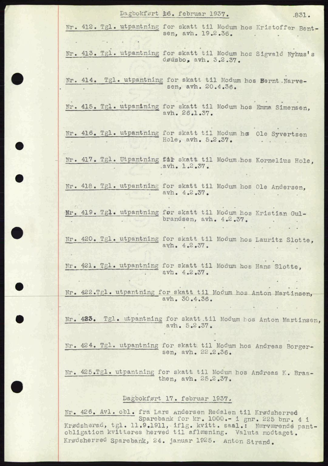 Eiker, Modum og Sigdal sorenskriveri, SAKO/A-123/G/Ga/Gab/L0034: Pantebok nr. A4, 1936-1937, Dagboknr: 412/1937