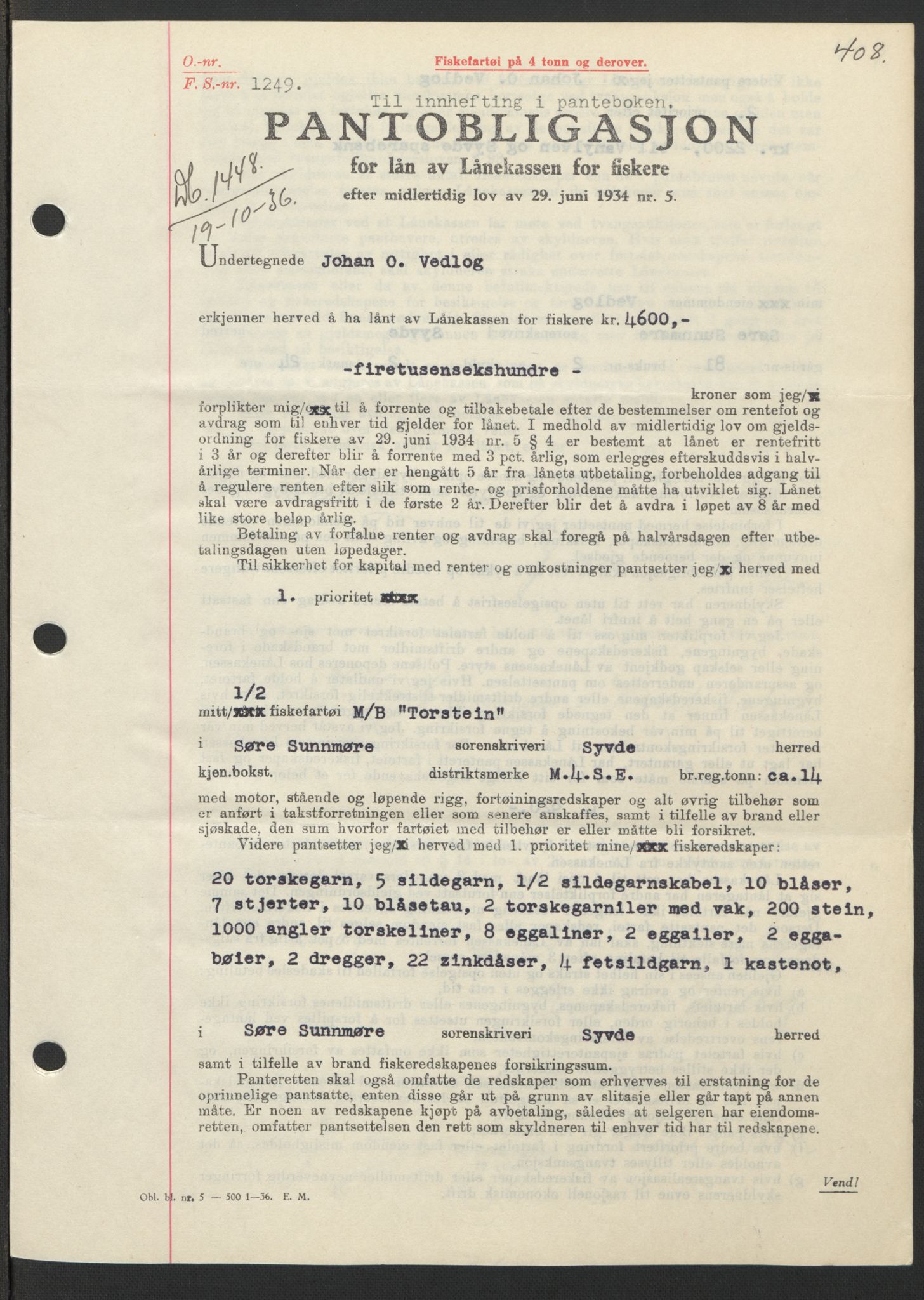 Søre Sunnmøre sorenskriveri, SAT/A-4122/1/2/2C/L0061: Pantebok nr. 55, 1936-1936, Dagboknr: 1448/1936