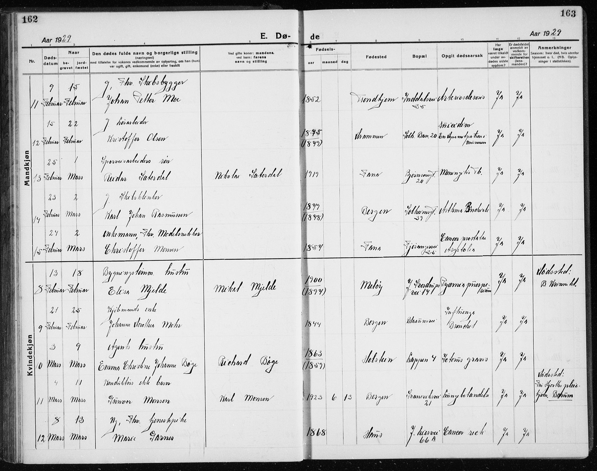 Årstad Sokneprestembete, AV/SAB-A-79301/H/Hab/L0025: Klokkerbok nr. D 2, 1922-1940, s. 162-163