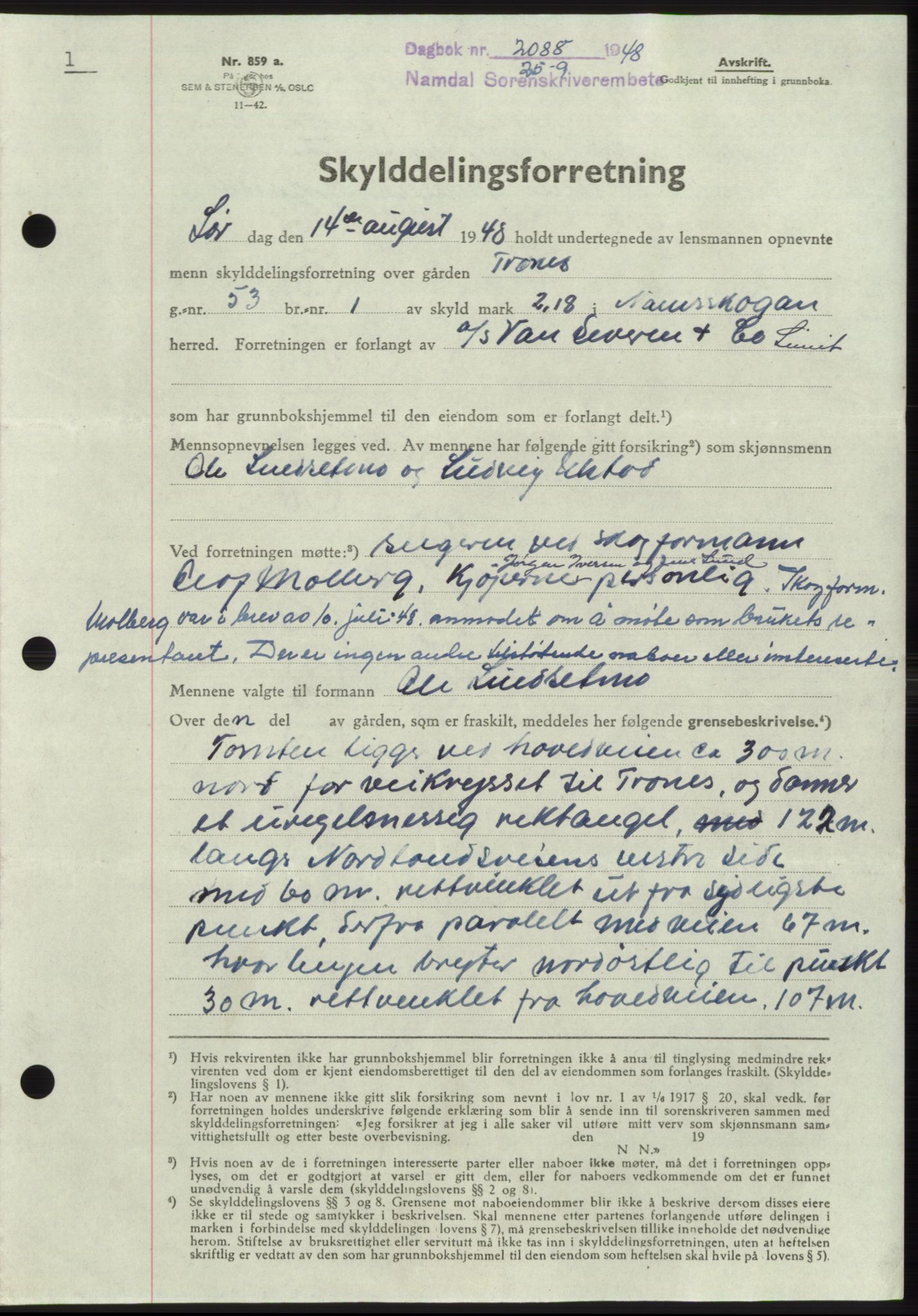 Namdal sorenskriveri, SAT/A-4133/1/2/2C: Pantebok nr. -, 1948-1948, Dagboknr: 2088/1948