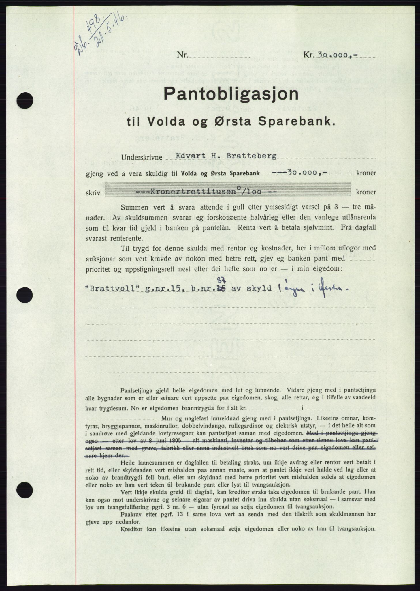 Søre Sunnmøre sorenskriveri, AV/SAT-A-4122/1/2/2C/L0114: Pantebok nr. 1-2B, 1943-1947, Dagboknr: 498/1946