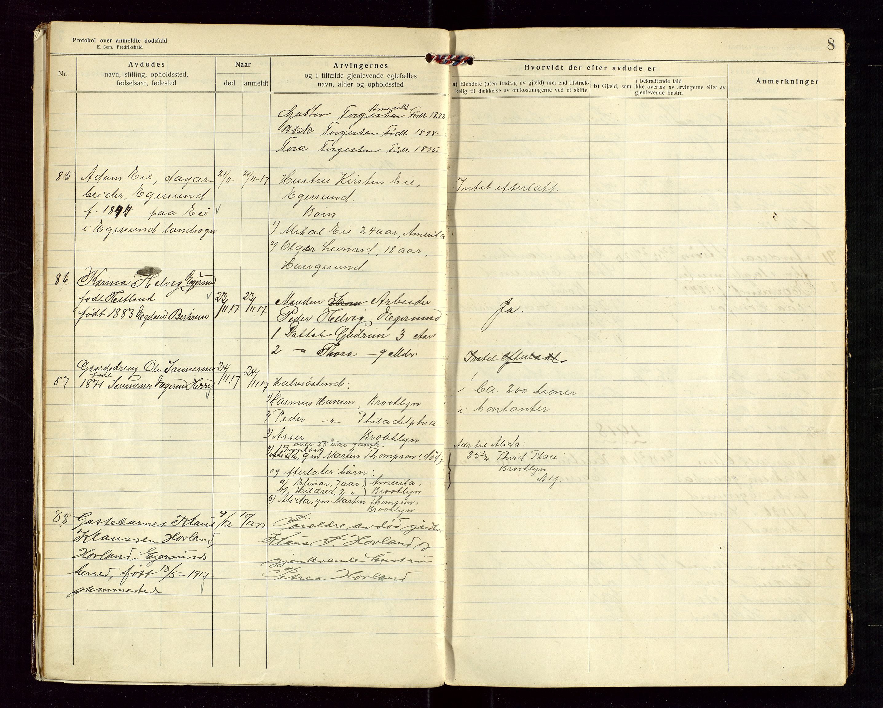 Eigersund lensmannskontor, AV/SAST-A-100171/Gga/L0007: "Protokol over anmeldte dødsfald" m/alfabetisk navneregister, 1917-1920, s. 8