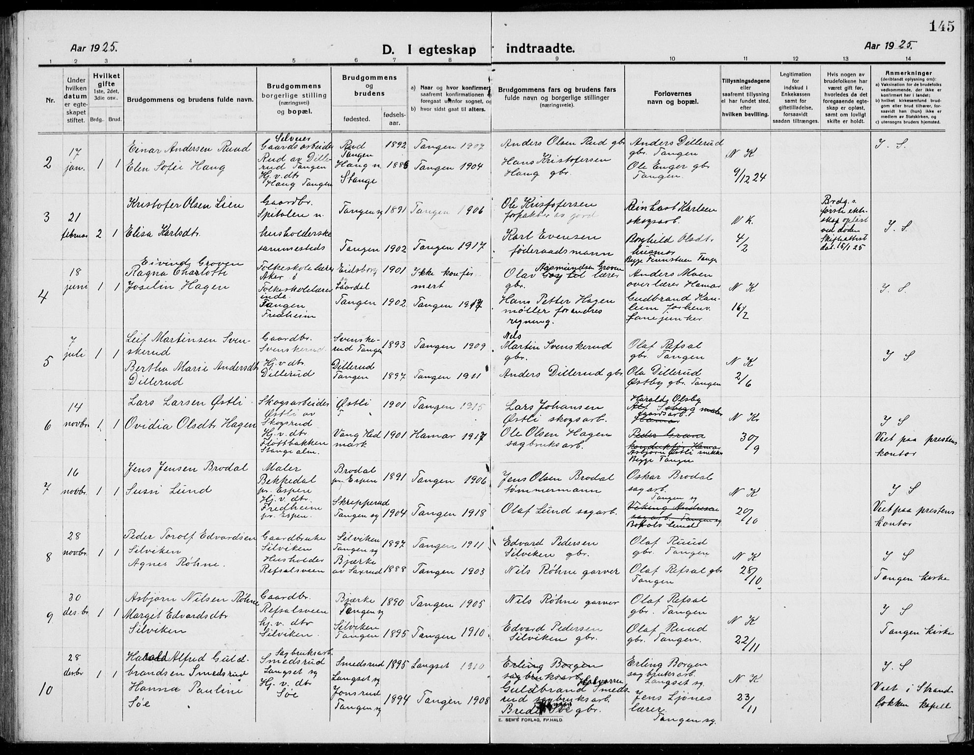 Stange prestekontor, AV/SAH-PREST-002/L/L0017: Klokkerbok nr. 17, 1918-1936, s. 145