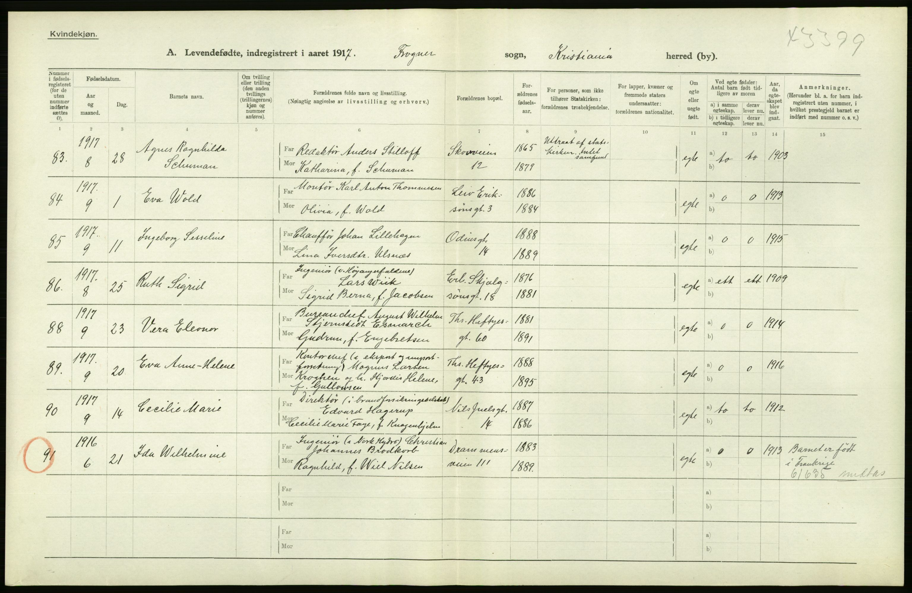 Statistisk sentralbyrå, Sosiodemografiske emner, Befolkning, AV/RA-S-2228/D/Df/Dfb/Dfbg/L0007: Kristiania: Levendefødte menn og kvinner., 1917, s. 274