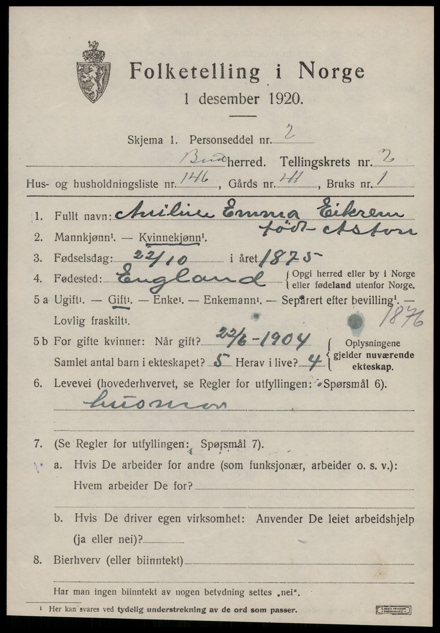 SAT, Folketelling 1920 for 1549 Bud herred, 1920, s. 2701