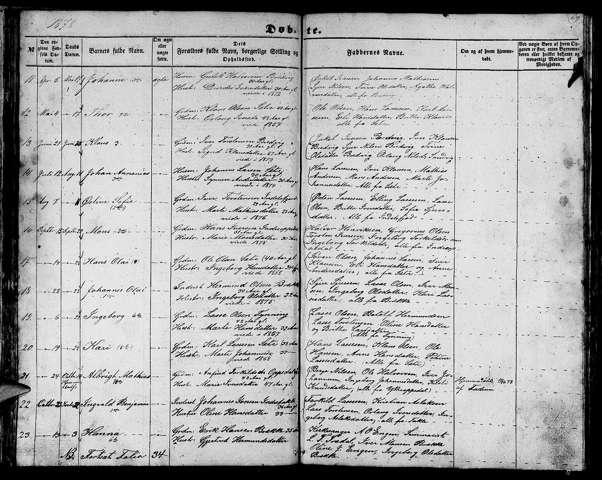 Gulen sokneprestembete, AV/SAB-A-80201/H/Hab/Habc/L0001: Klokkerbok nr. C 1, 1853-1880, s. 69