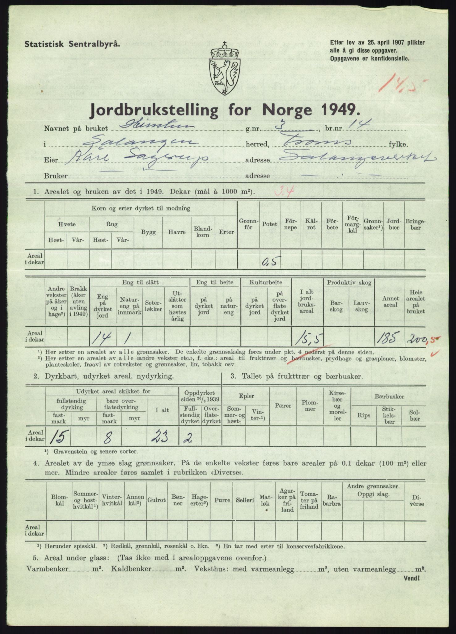 Statistisk sentralbyrå, Næringsøkonomiske emner, Jordbruk, skogbruk, jakt, fiske og fangst, AV/RA-S-2234/G/Gc/L0438: Troms: Salangen og Bardu, 1949, s. 393