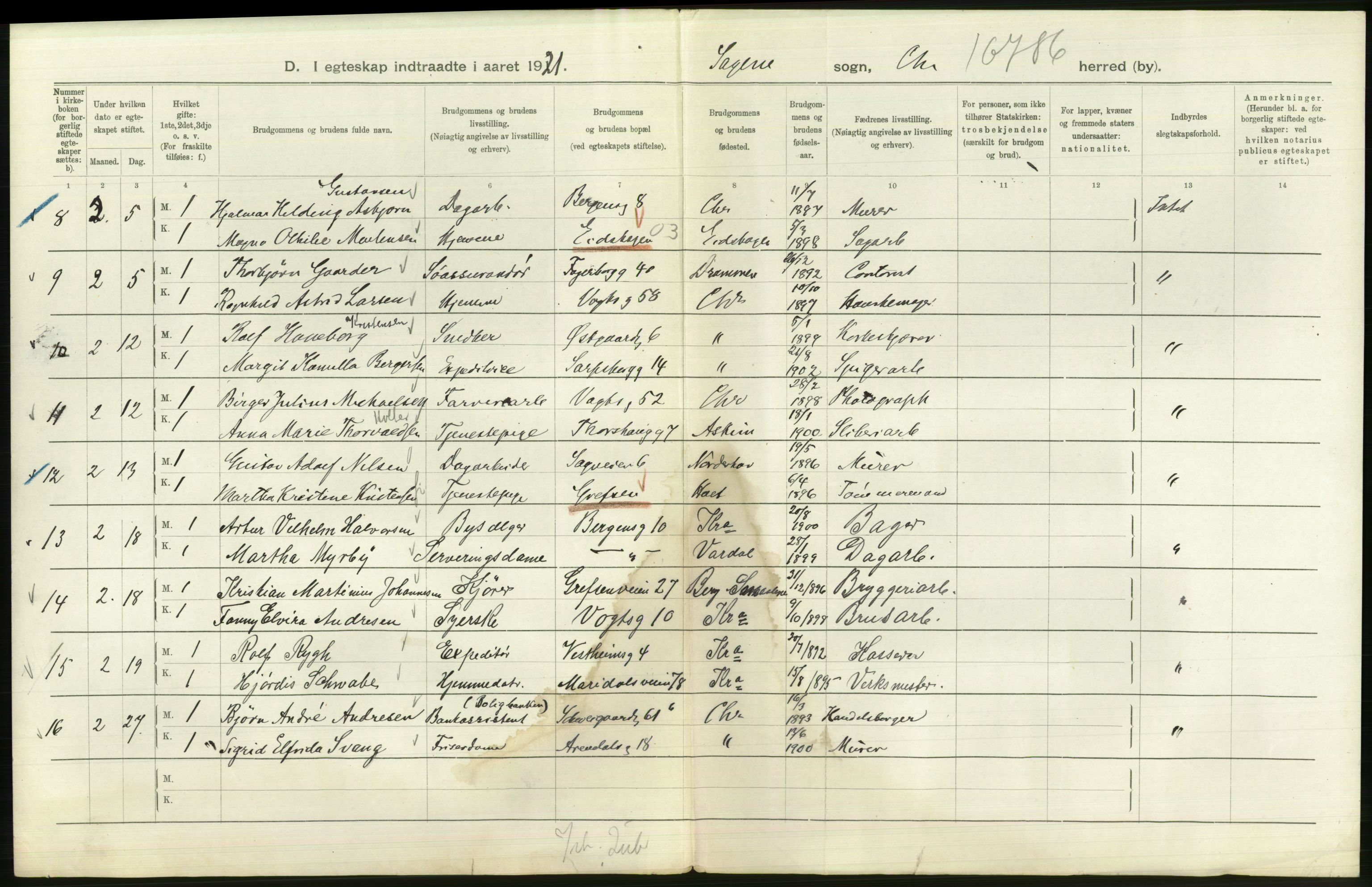 Statistisk sentralbyrå, Sosiodemografiske emner, Befolkning, RA/S-2228/D/Df/Dfc/Dfca/L0011: Kristiania: Gifte, 1921, s. 372