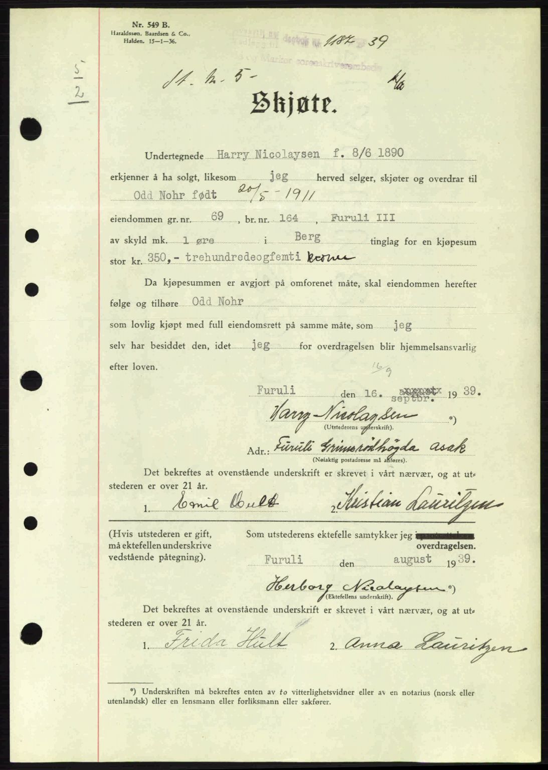 Idd og Marker sorenskriveri, AV/SAO-A-10283/G/Gb/Gbb/L0003: Pantebok nr. A3, 1938-1939, Dagboknr: 1187/1939