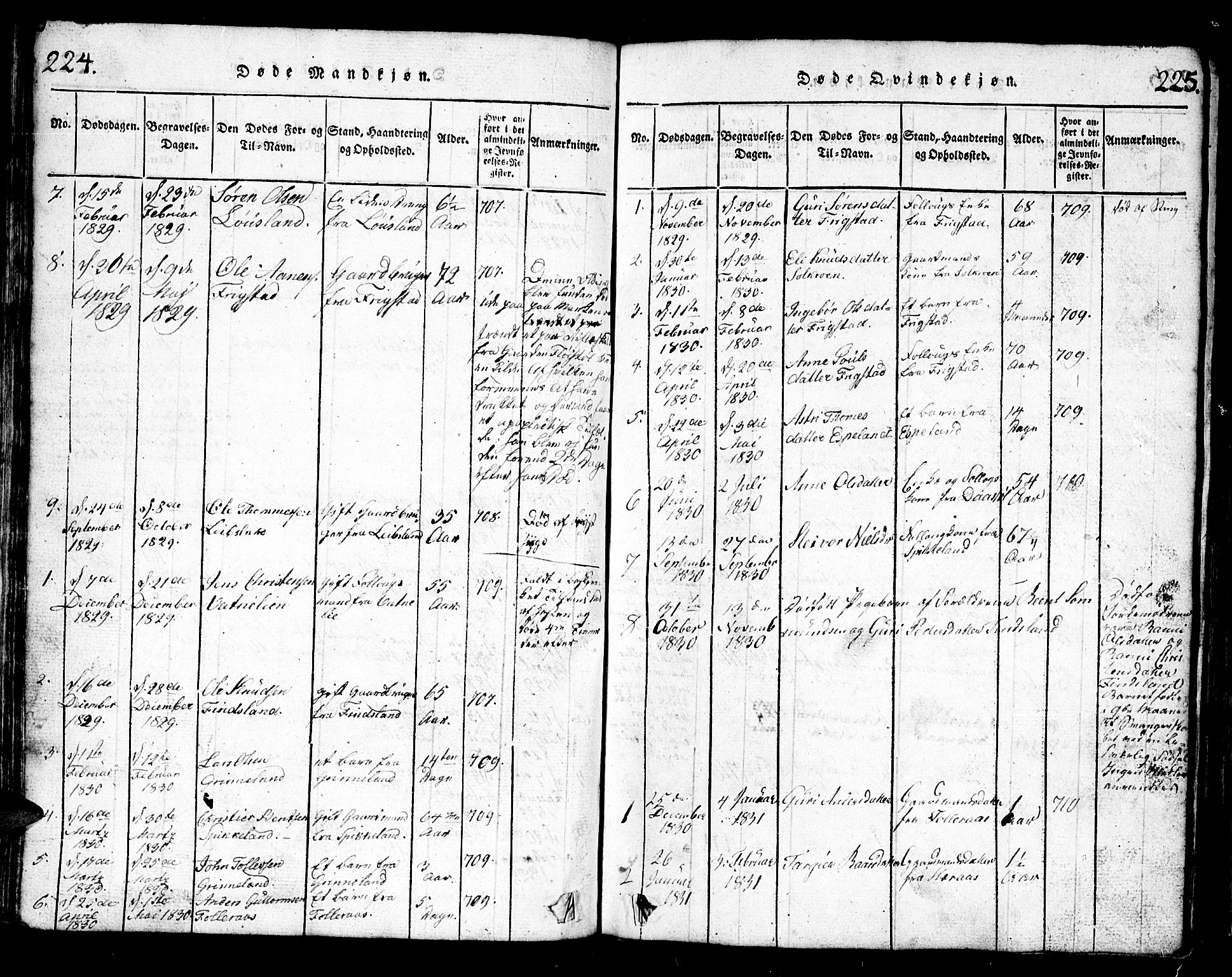 Bjelland sokneprestkontor, SAK/1111-0005/F/Fb/Fbb/L0003: Klokkerbok nr. B 3, 1816-1868, s. 224-225