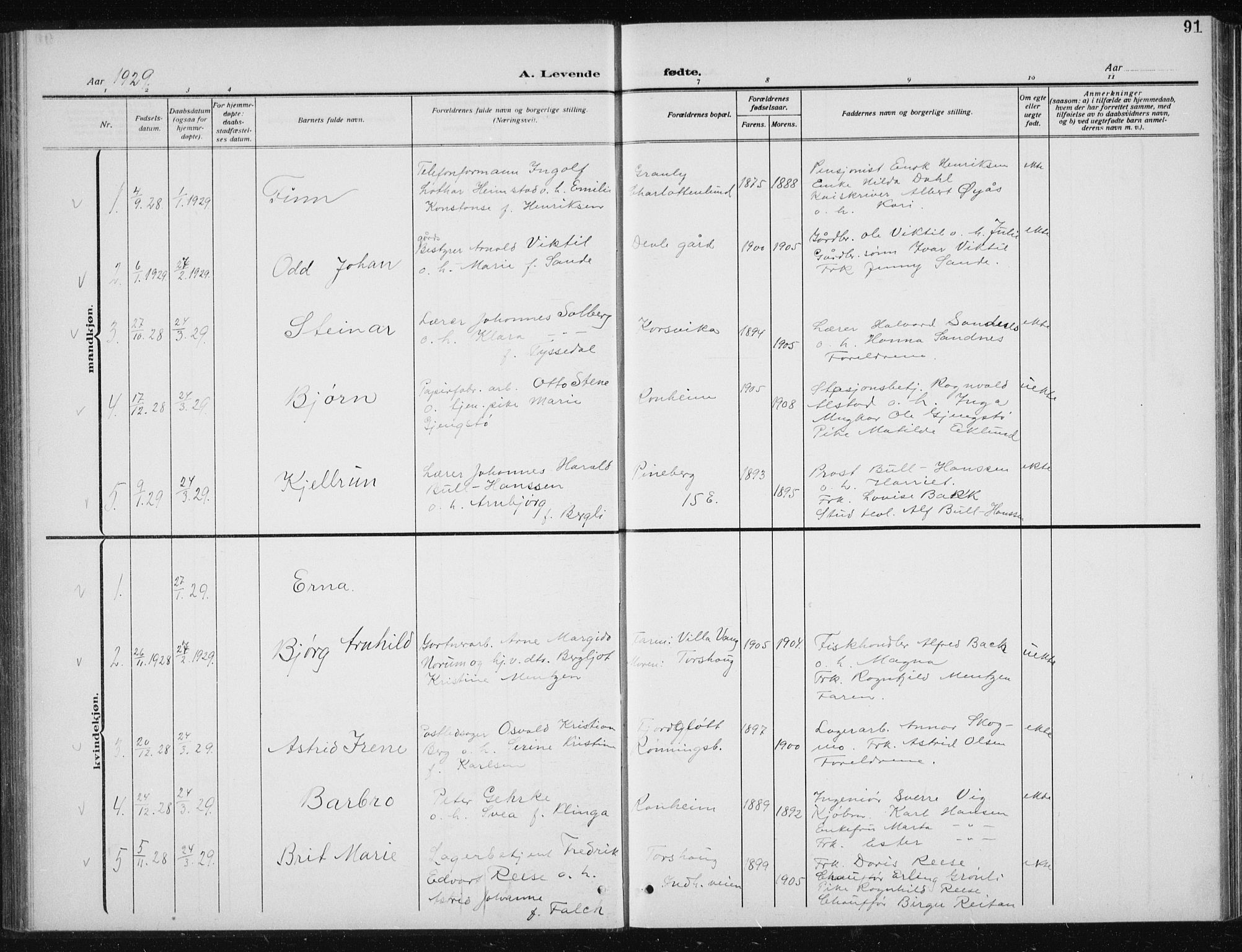Ministerialprotokoller, klokkerbøker og fødselsregistre - Sør-Trøndelag, AV/SAT-A-1456/606/L0314: Klokkerbok nr. 606C10, 1911-1937, s. 91
