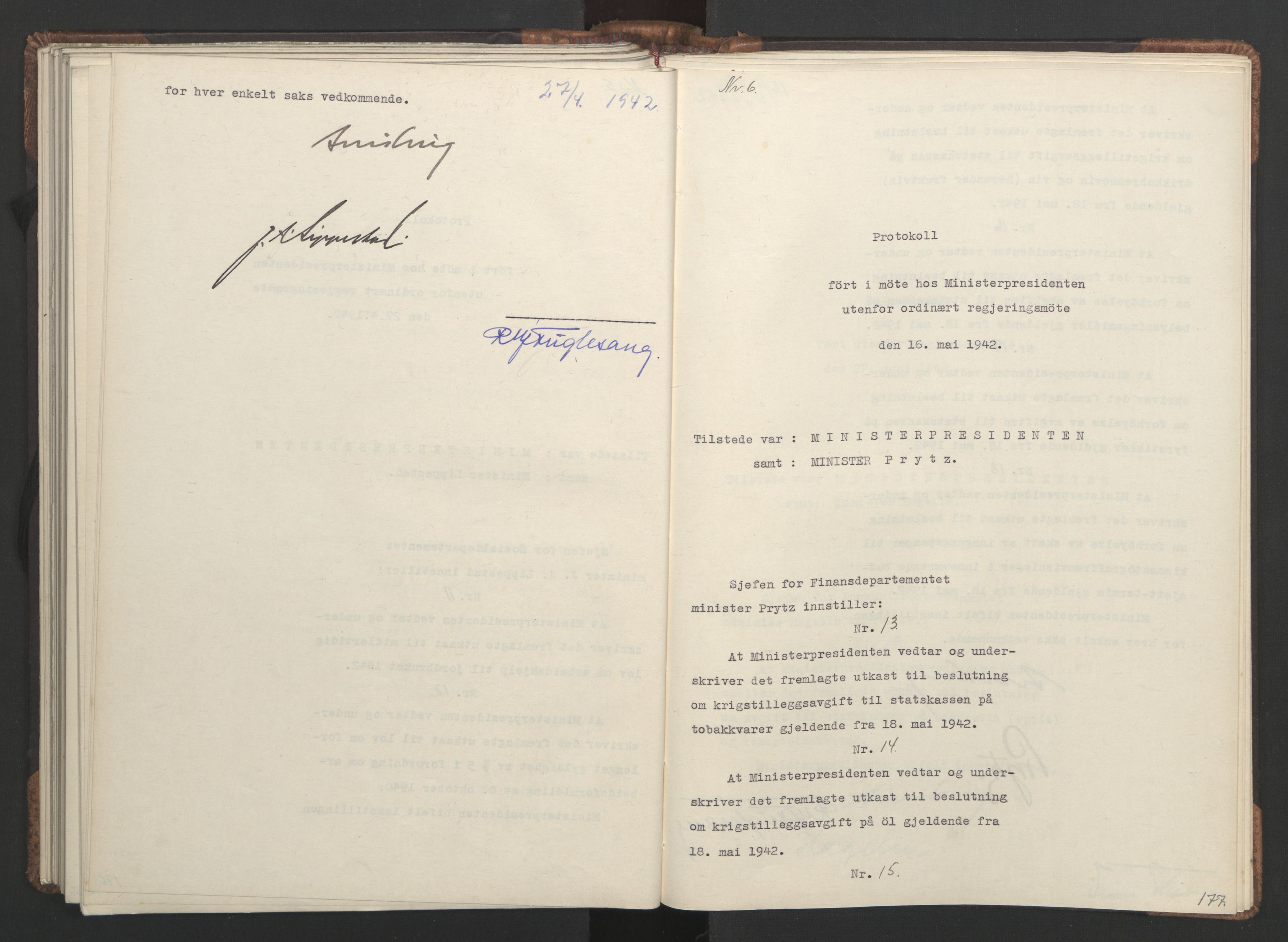 NS-administrasjonen 1940-1945 (Statsrådsekretariatet, de kommisariske statsråder mm), AV/RA-S-4279/D/Da/L0001: Beslutninger og tillegg (1-952 og 1-32), 1942, s. 181