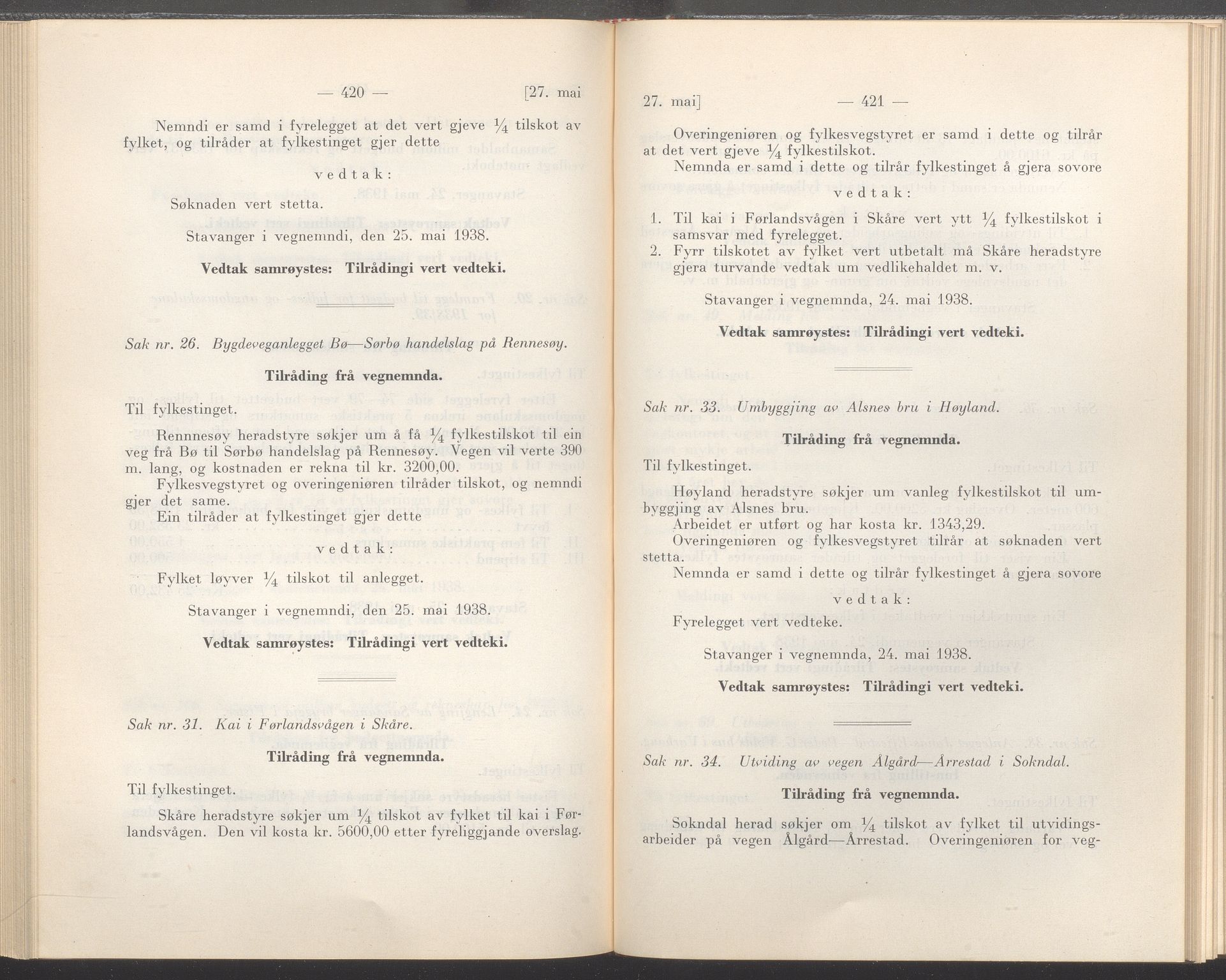 Rogaland fylkeskommune - Fylkesrådmannen , IKAR/A-900/A/Aa/Aaa/L0057: Møtebok , 1938, s. 420-421