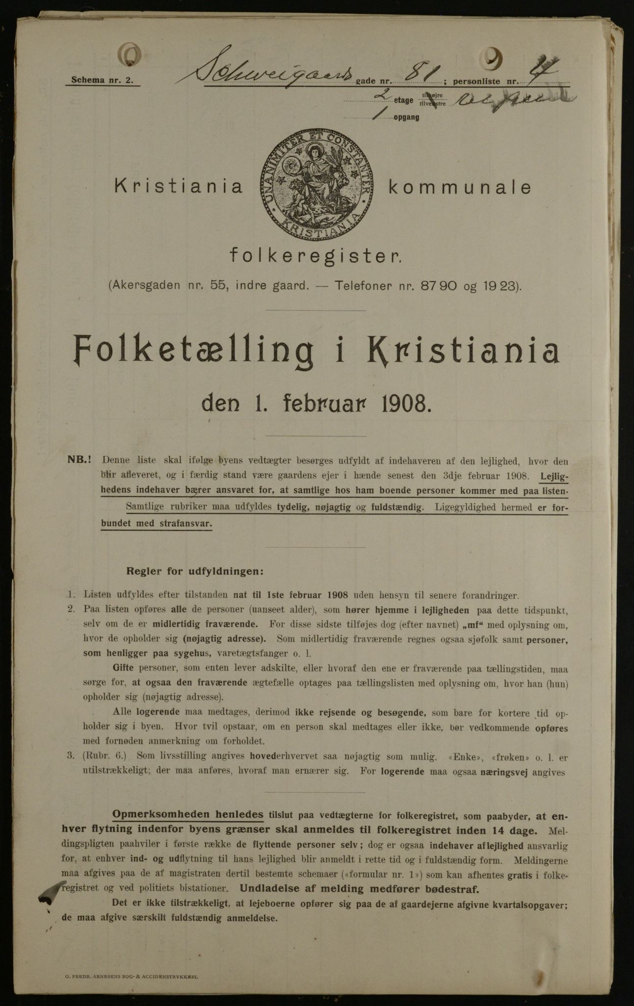 OBA, Kommunal folketelling 1.2.1908 for Kristiania kjøpstad, 1908, s. 82725