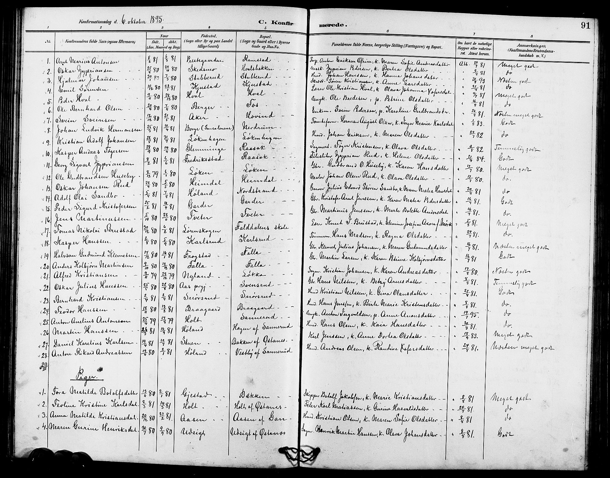 Fet prestekontor Kirkebøker, AV/SAO-A-10370a/G/Ga/L0007: Klokkerbok nr. I 7, 1892-1906, s. 91