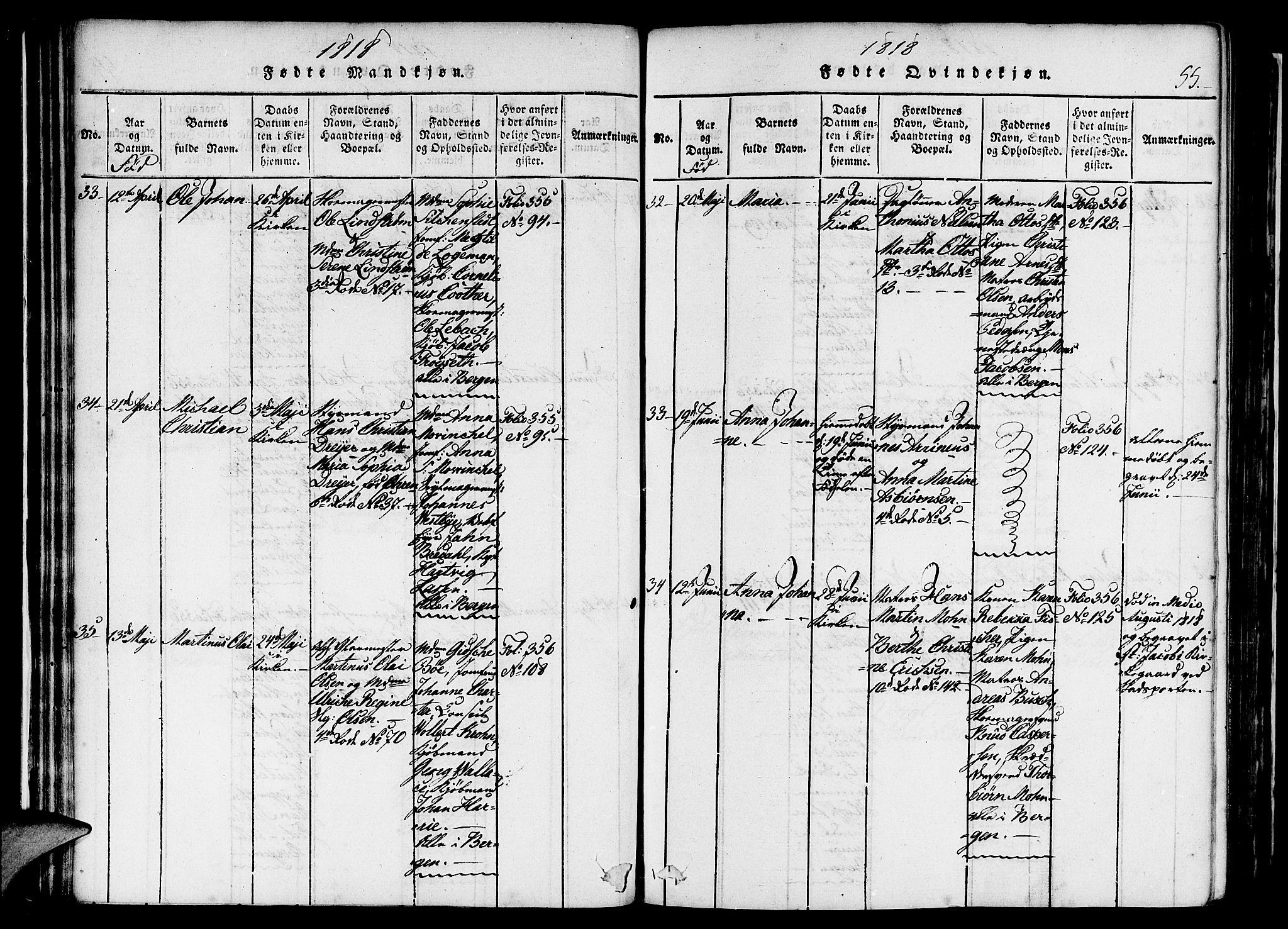 Nykirken Sokneprestembete, AV/SAB-A-77101/H/Haa/L0011: Ministerialbok nr. A 11, 1816-1821, s. 55