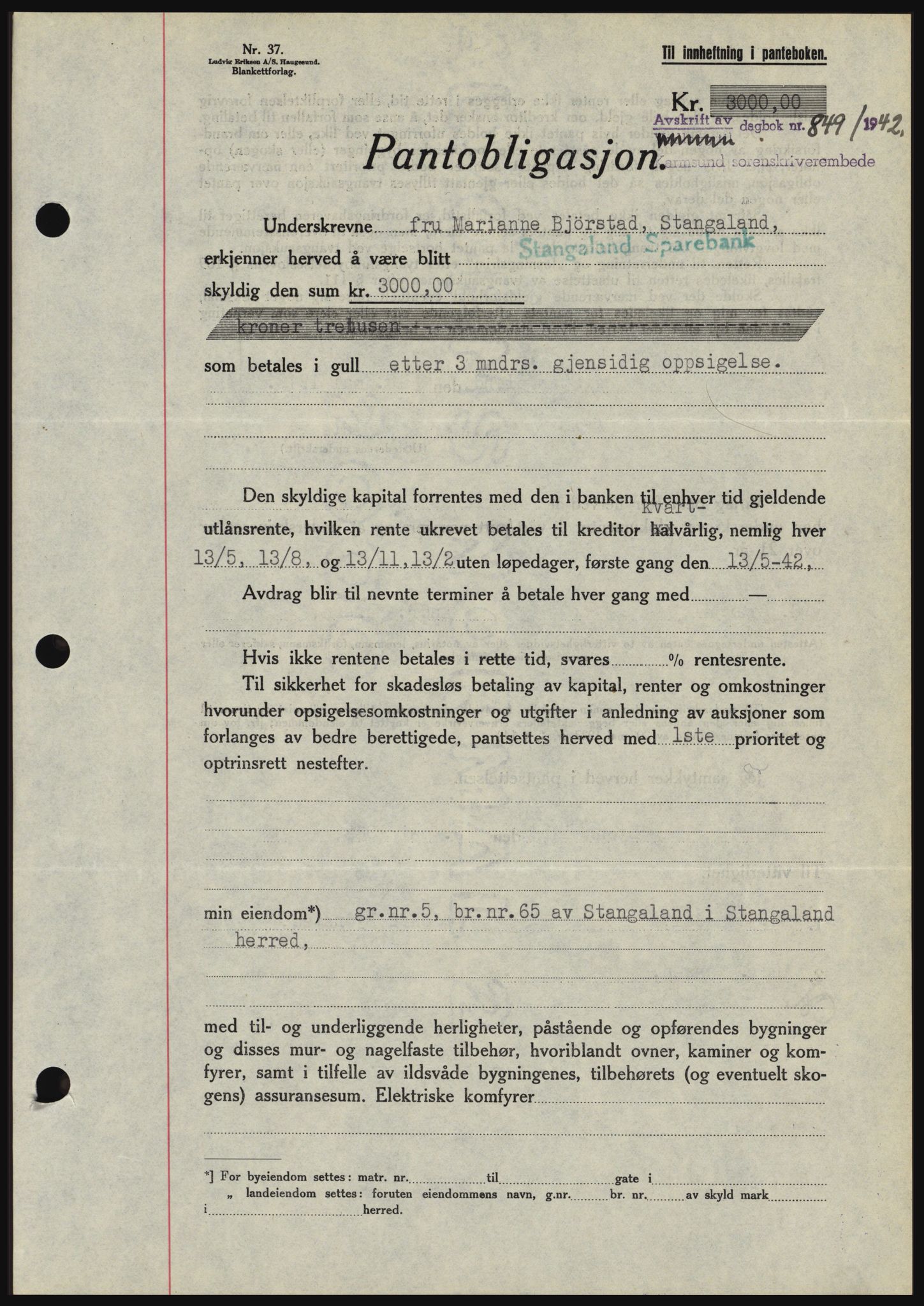 Karmsund sorenskriveri, SAST/A-100311/01/II/IIBBE/L0008: Pantebok nr. B 54, 1942-1943, Dagboknr: 849/1942