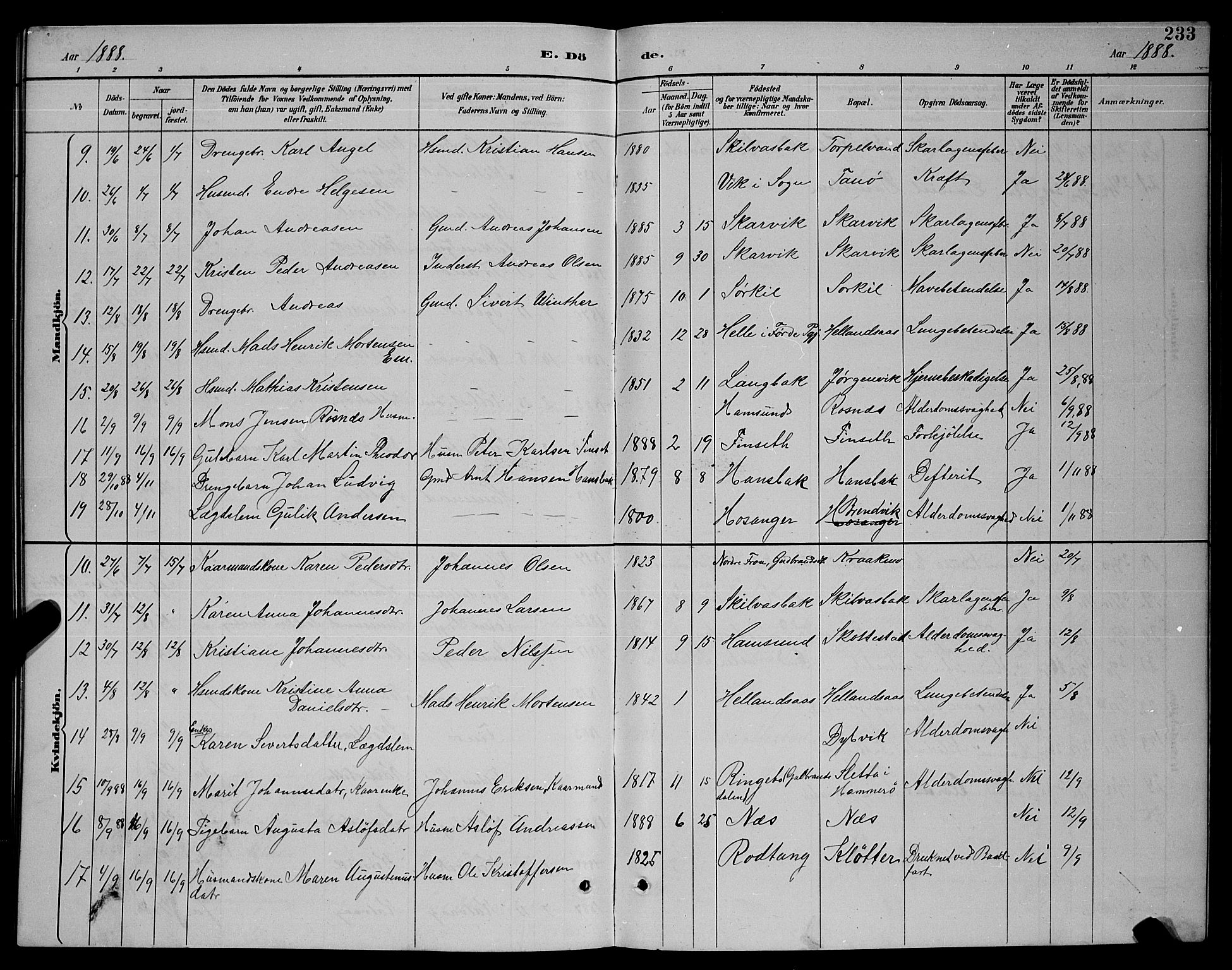 Ministerialprotokoller, klokkerbøker og fødselsregistre - Nordland, AV/SAT-A-1459/859/L0859: Klokkerbok nr. 859C05, 1887-1898, s. 233