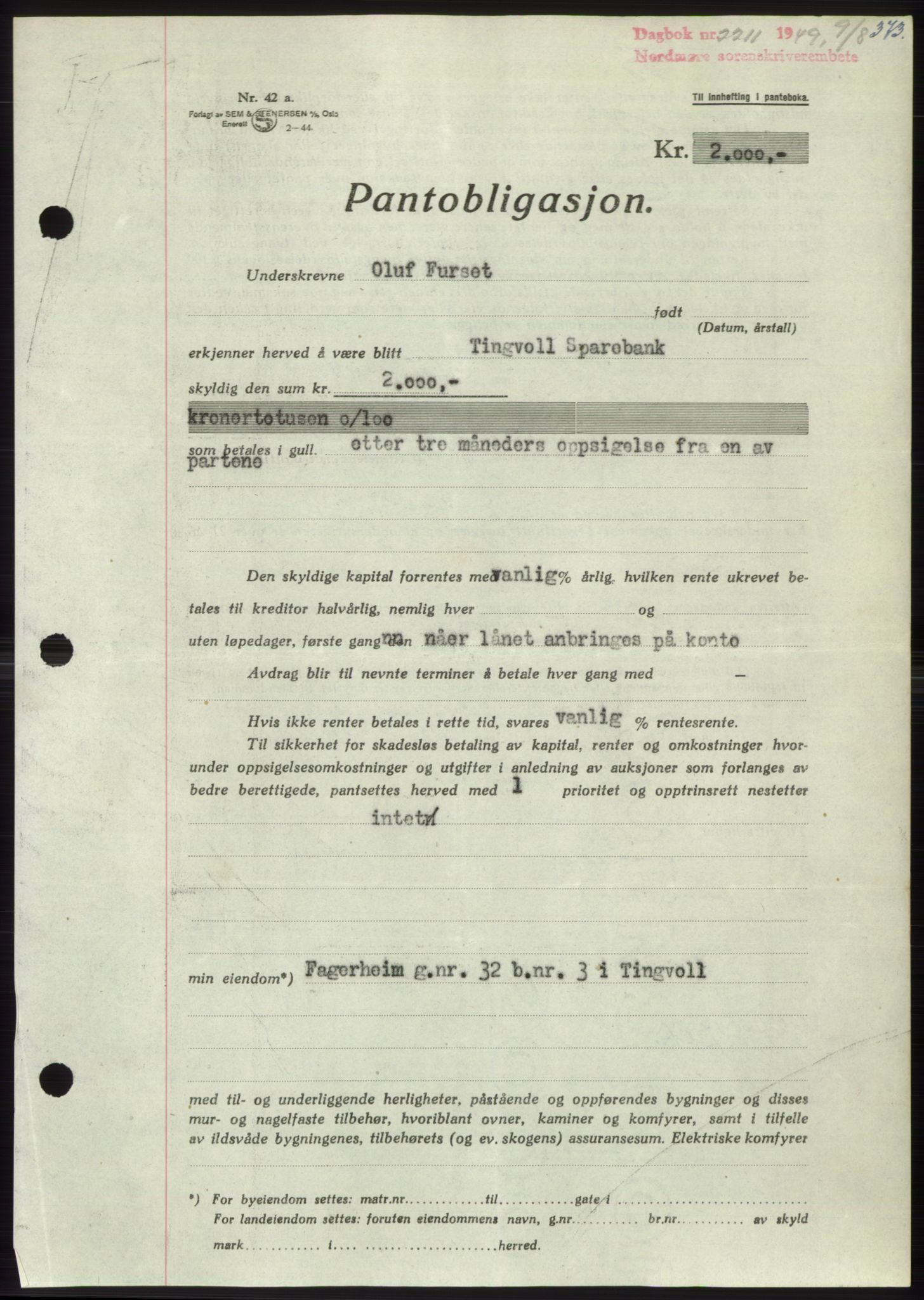 Nordmøre sorenskriveri, SAT/A-4132/1/2/2Ca: Pantebok nr. B102, 1949-1949, Dagboknr: 2211/1949