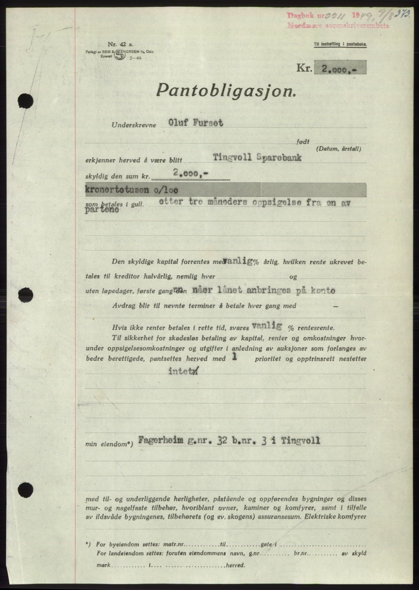 Nordmøre sorenskriveri, AV/SAT-A-4132/1/2/2Ca: Pantebok nr. B102, 1949-1949, Dagboknr: 2211/1949