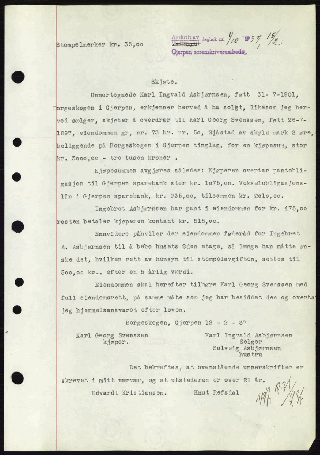 Gjerpen sorenskriveri, SAKO/A-216/G/Ga/Gae/L0067: Pantebok nr. A-66 - A-68, 1936-1937, Dagboknr: 410/1937