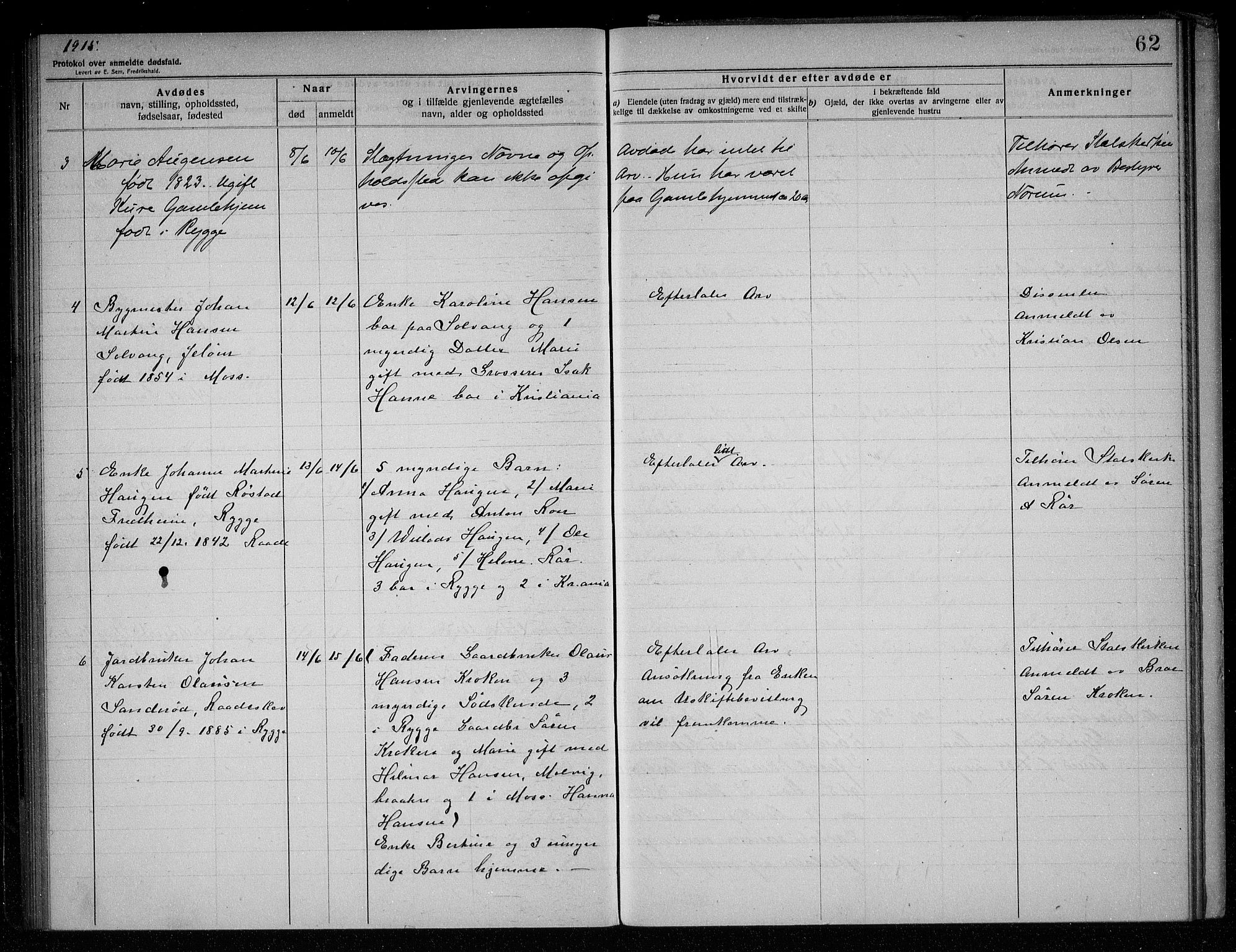 Rygge lensmannskontor, AV/SAO-A-10005/H/Ha/Haa/L0005: Dødsfallsprotokoll, 1912-1916, s. 62