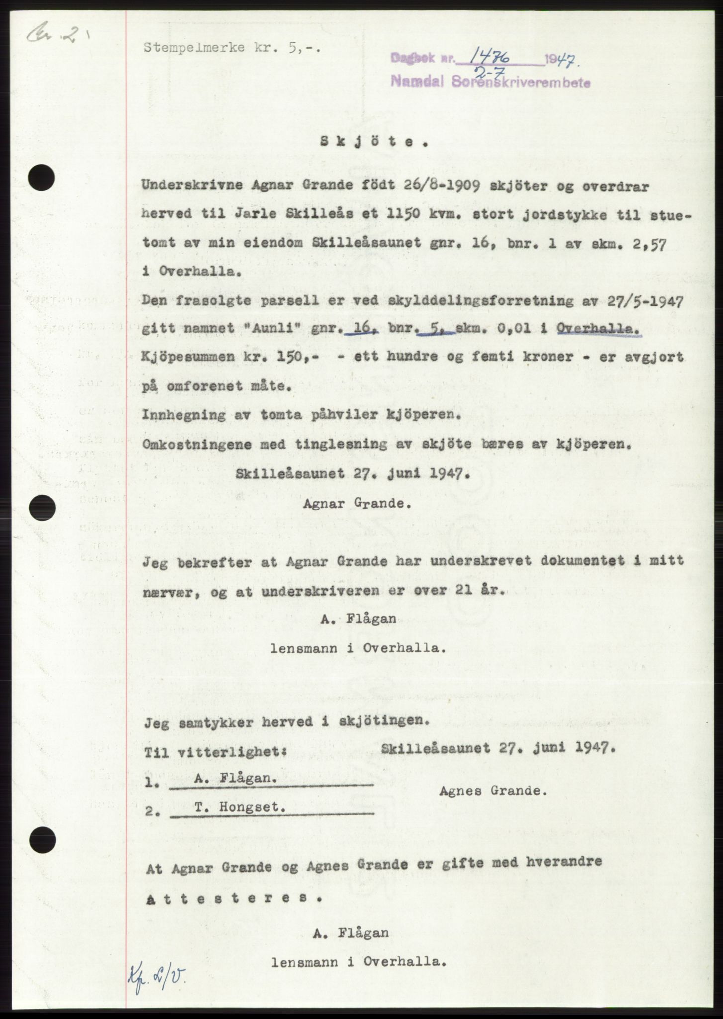 Namdal sorenskriveri, SAT/A-4133/1/2/2C: Pantebok nr. -, 1947-1947, Dagboknr: 1476/1947