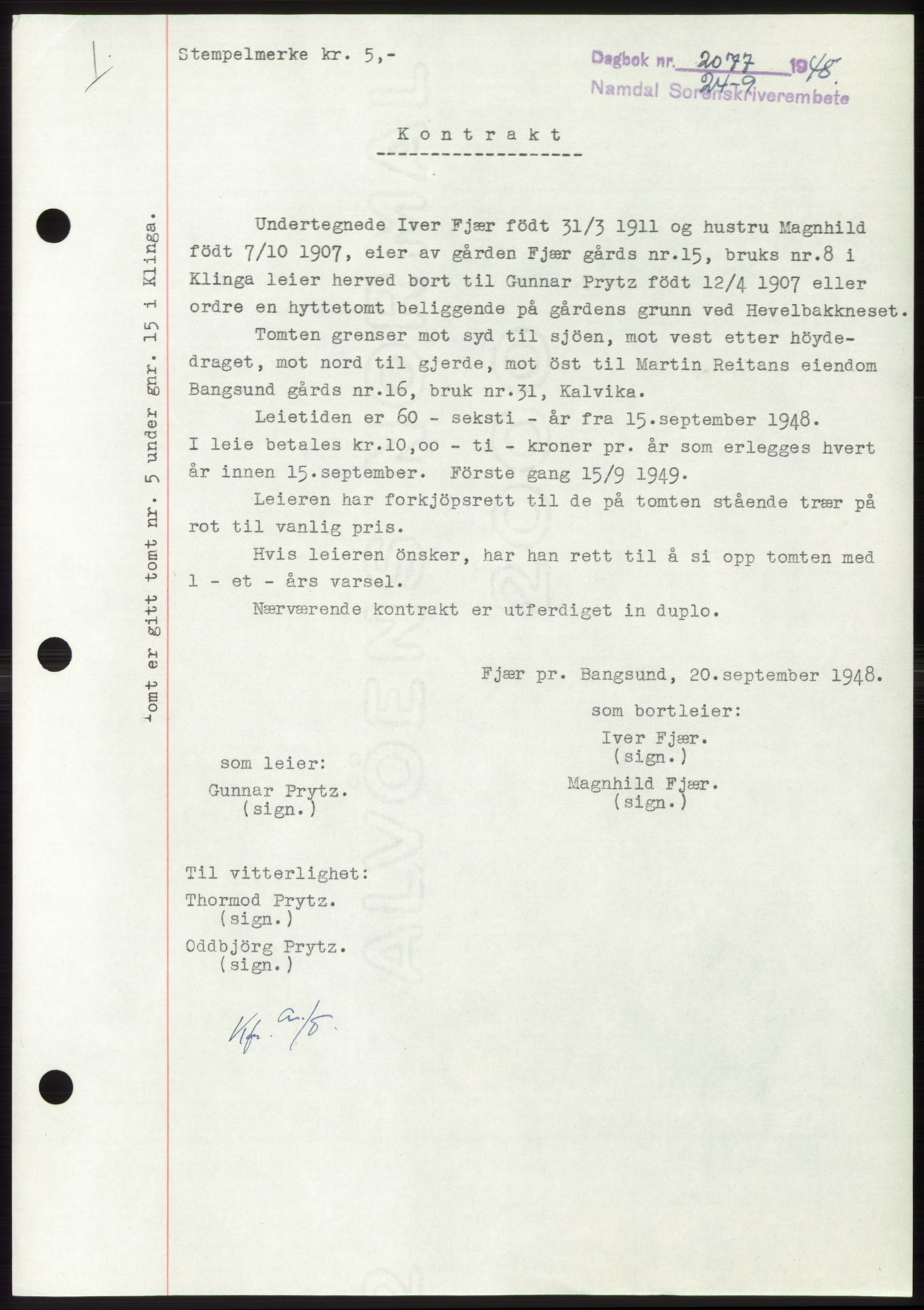 Namdal sorenskriveri, SAT/A-4133/1/2/2C: Pantebok nr. -, 1948-1948, Dagboknr: 2077/1948