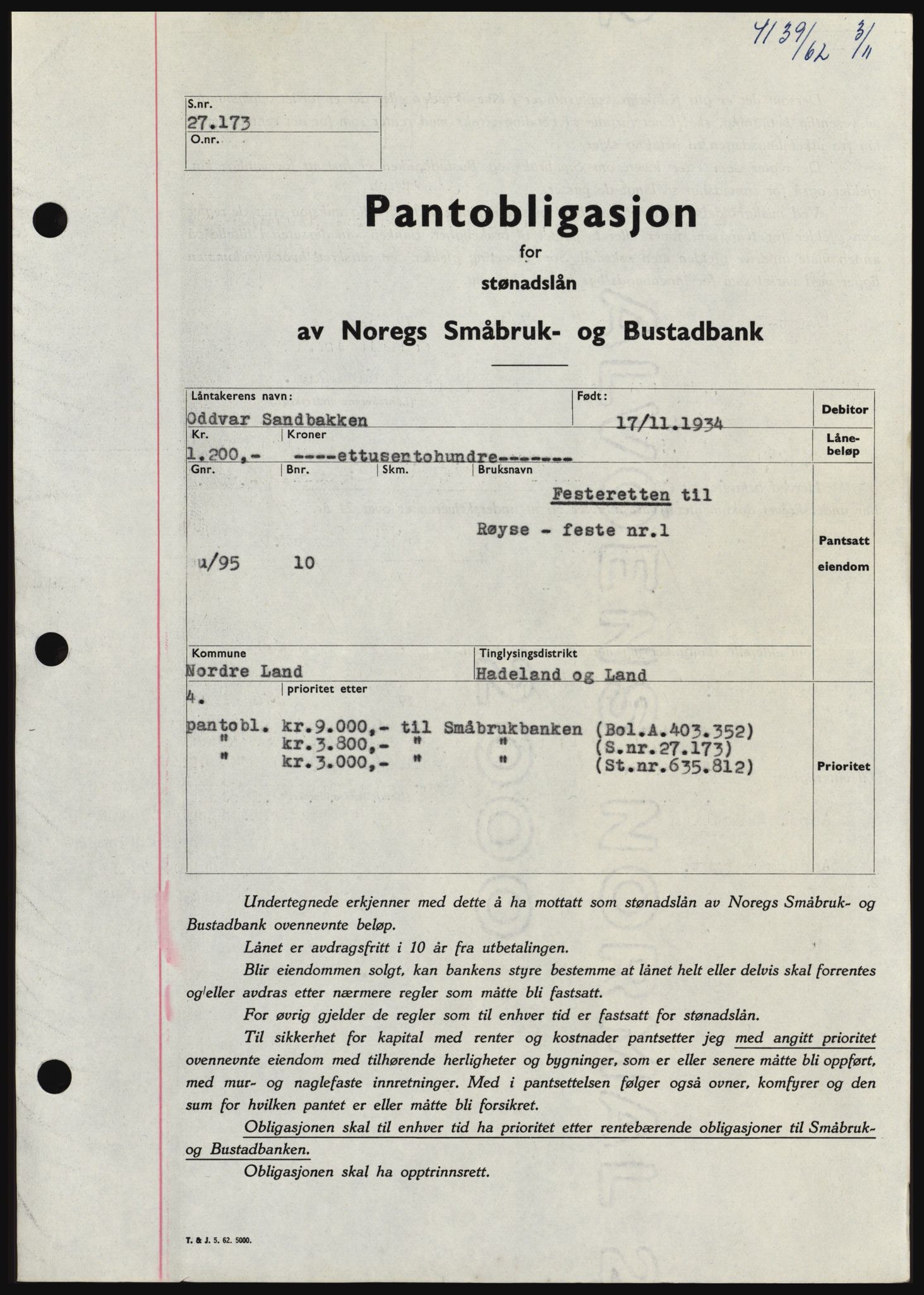 Hadeland og Land tingrett, SAH/TING-010/H/Hb/Hbc/L0050: Pantebok nr. B50, 1962-1963, Dagboknr: 4139/1962