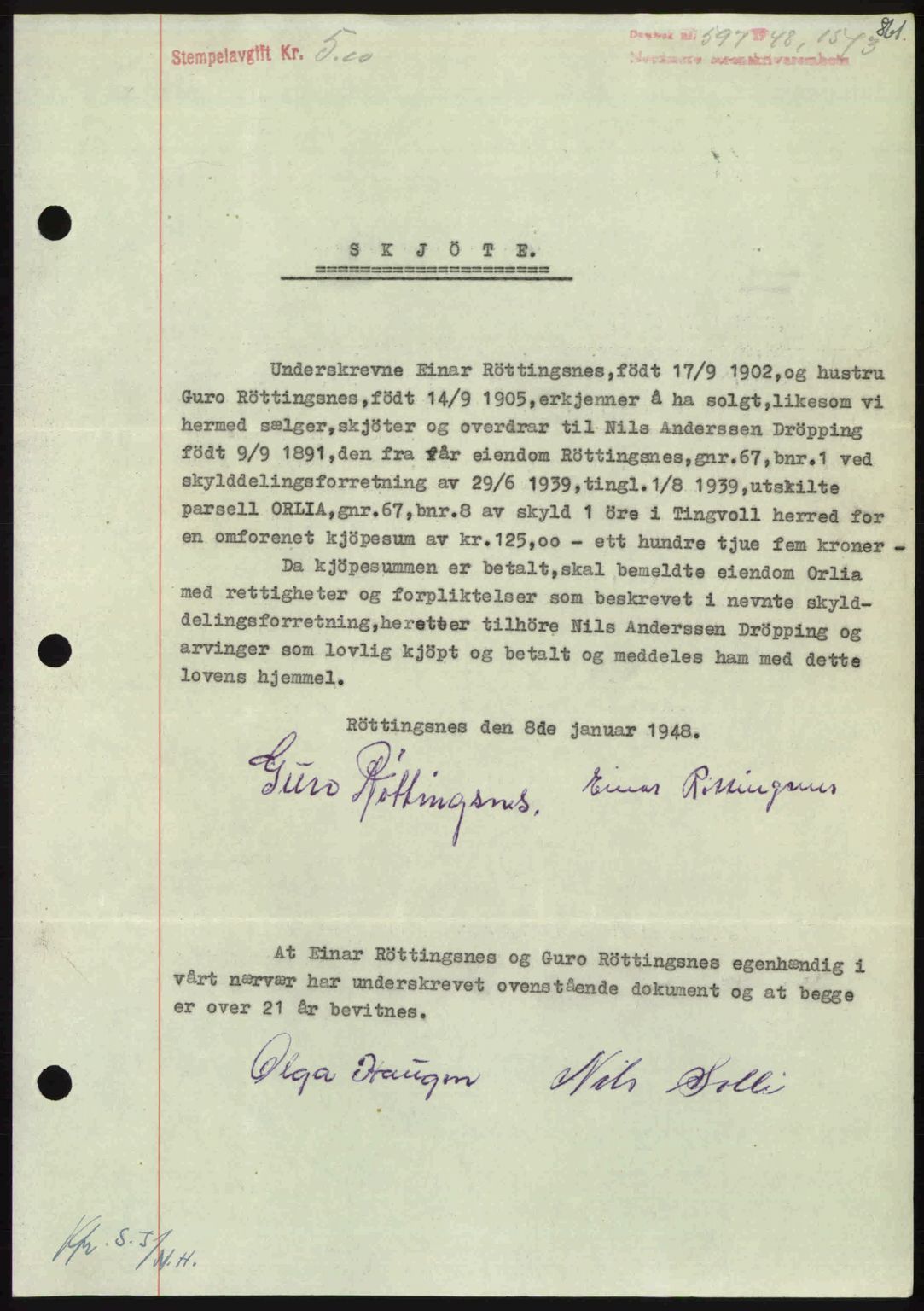 Nordmøre sorenskriveri, SAT/A-4132/1/2/2Ca: Pantebok nr. A107, 1947-1948, Dagboknr: 597/1948