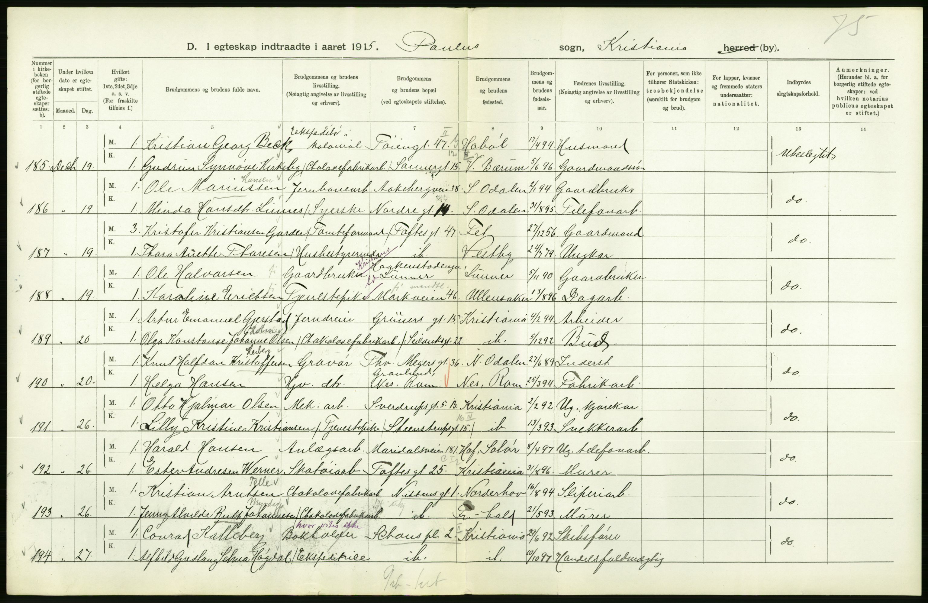 Statistisk sentralbyrå, Sosiodemografiske emner, Befolkning, AV/RA-S-2228/D/Df/Dfb/Dfbe/L0008: Kristiania: Gifte., 1915, s. 510