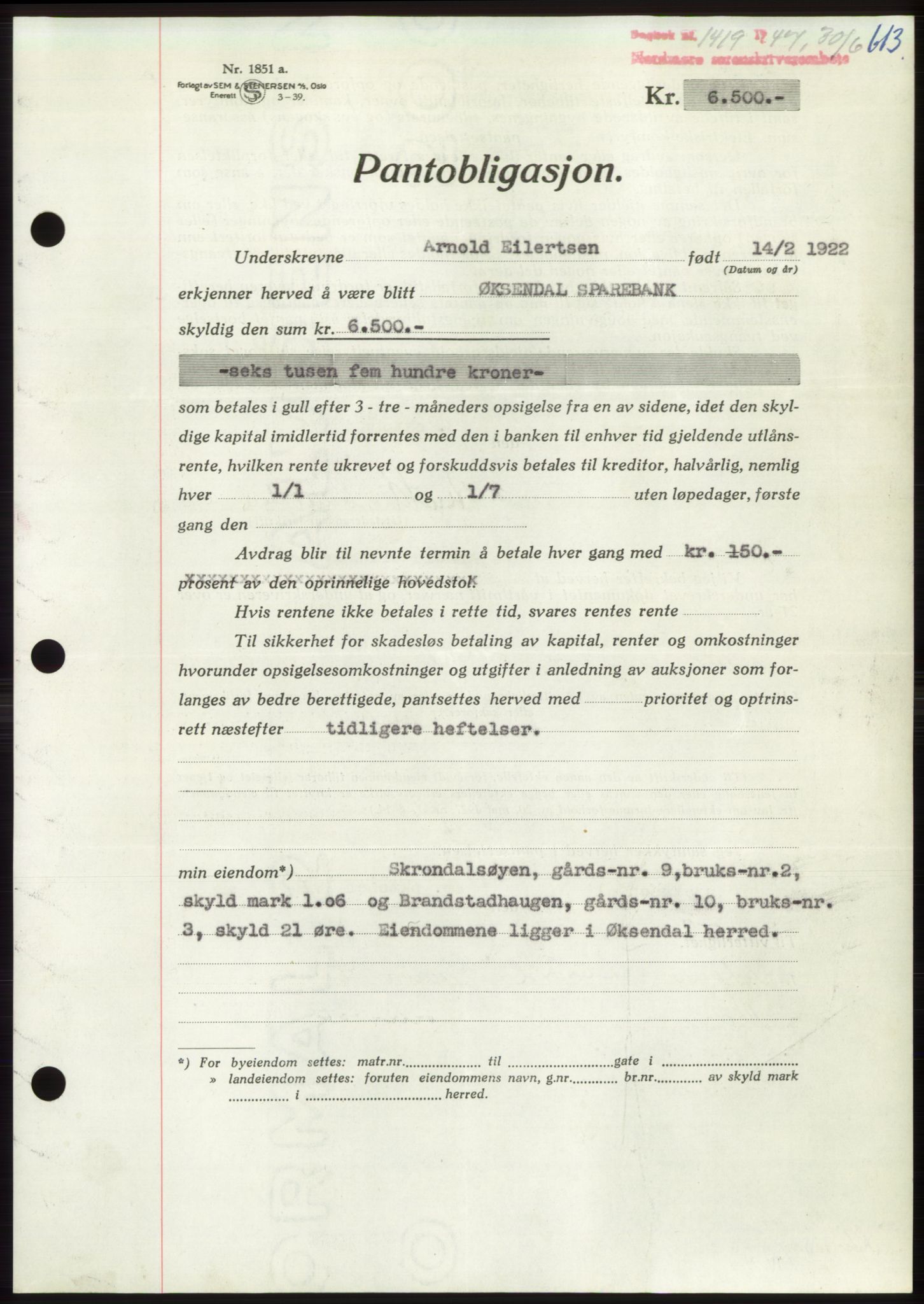Nordmøre sorenskriveri, SAT/A-4132/1/2/2Ca: Pantebok nr. B96, 1947-1947, Dagboknr: 1419/1947