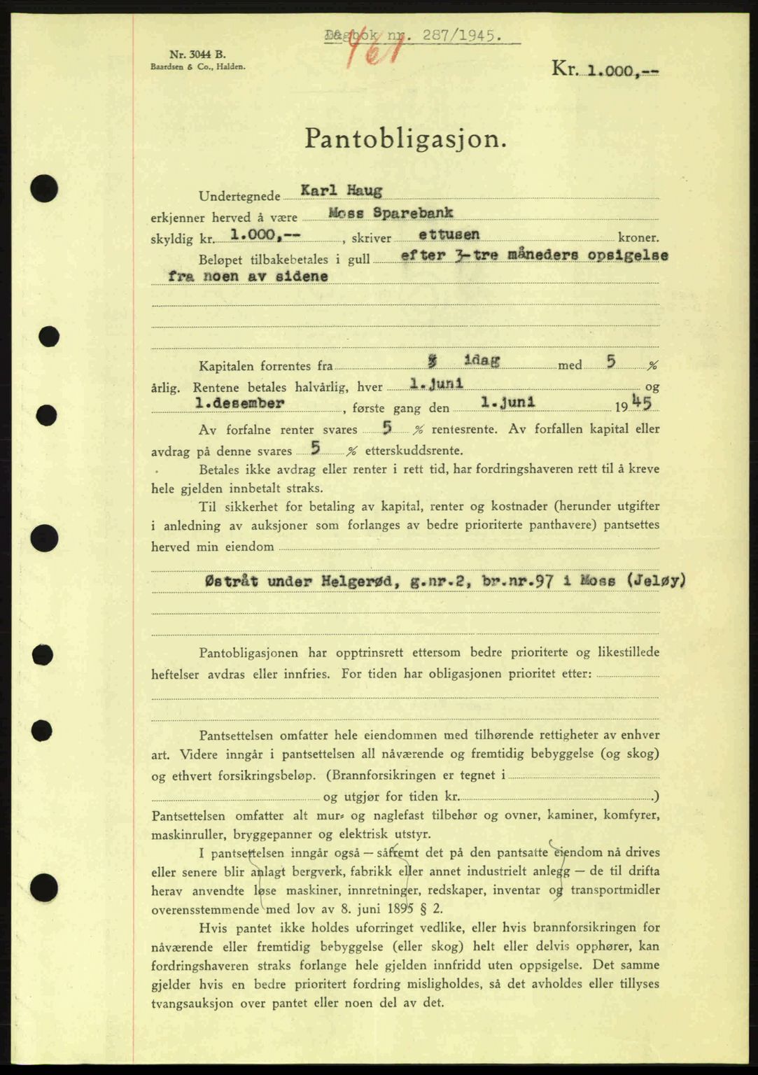 Moss sorenskriveri, SAO/A-10168: Pantebok nr. B13, 1943-1945, Dagboknr: 287/1945