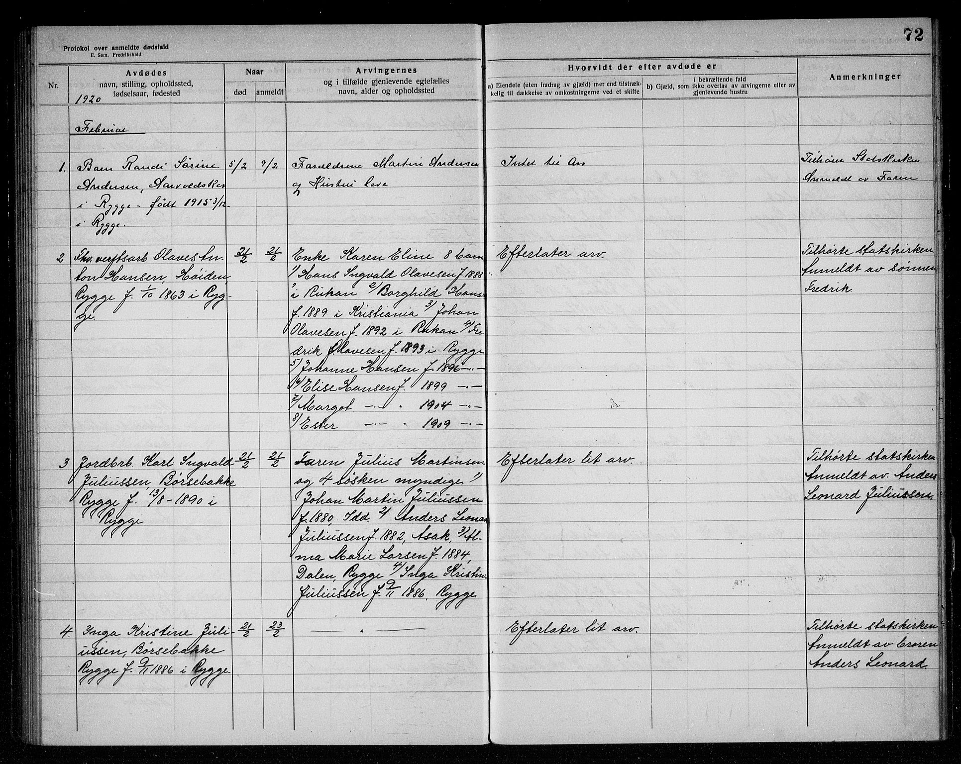 Rygge lensmannskontor, AV/SAO-A-10005/H/Ha/Haa/L0006: Dødsfallsprotokoll, 1916-1920, s. 72