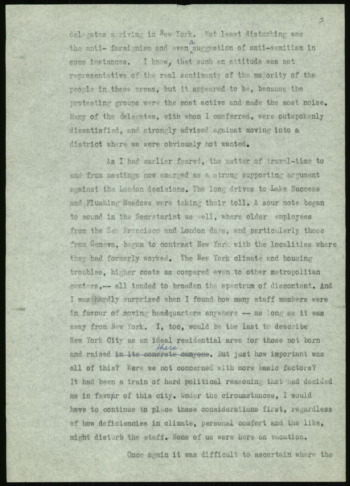 Lie, Trygve, AV/RA-PA-1407/D/L0020/0007: Utkast og manuskripter til "In the cause of Peace"/"Syv år for freden". / Manuskript til kap. 7, "Permanent headquarter". udatert., 1954