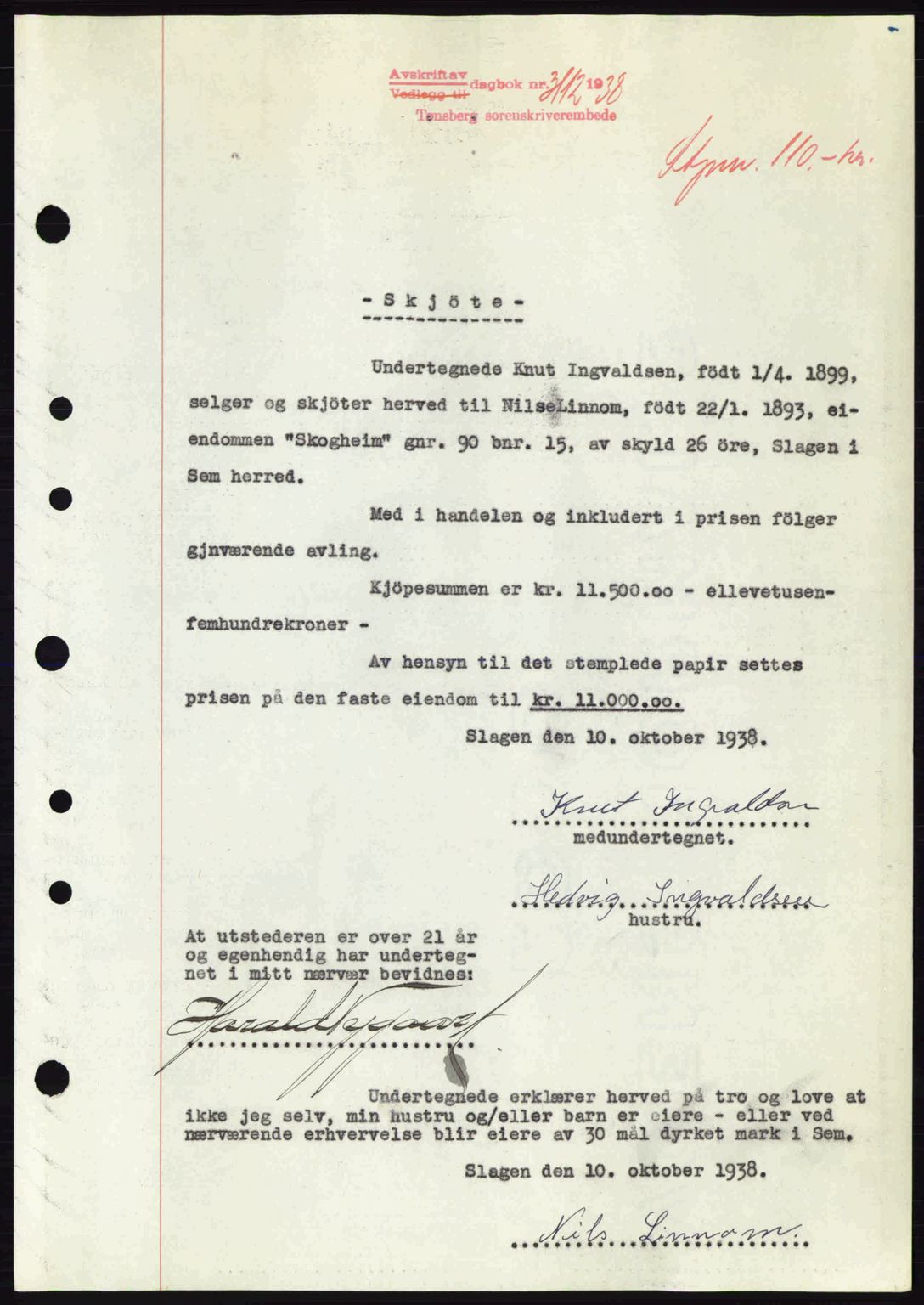 Jarlsberg sorenskriveri, SAKO/A-131/G/Ga/Gaa/L0006: Pantebok nr. A-6, 1938-1939, Dagboknr: 3112/1938