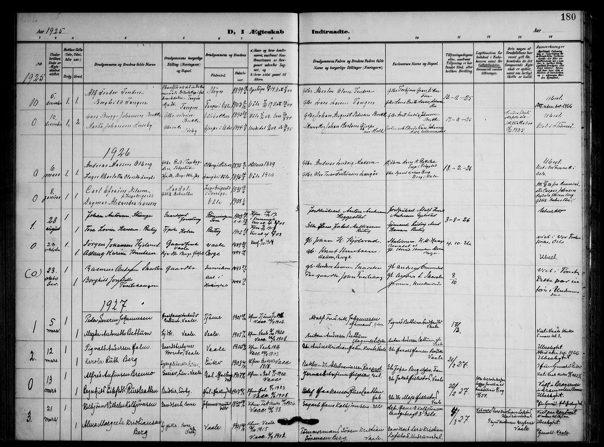 Våle kirkebøker, AV/SAKO-A-334/F/Fa/L0012: Ministerialbok nr. I 12, 1907-1934, s. 180