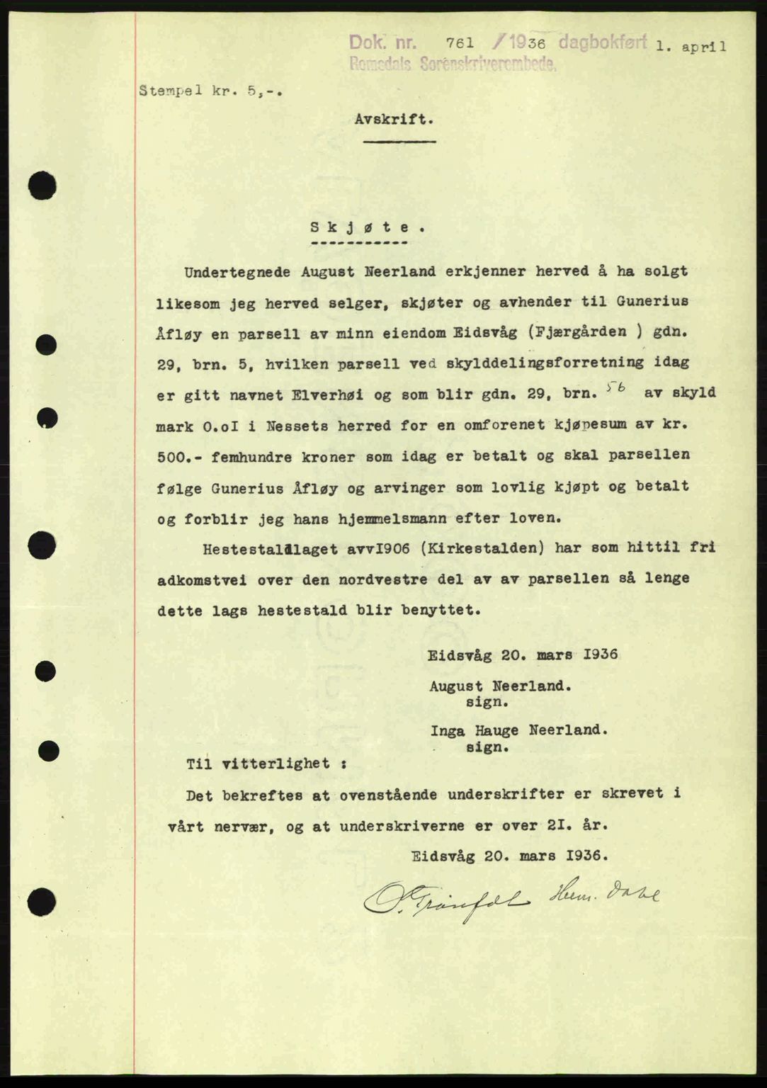 Romsdal sorenskriveri, SAT/A-4149/1/2/2C: Pantebok nr. A1, 1936-1936, Dagboknr: 761/1936
