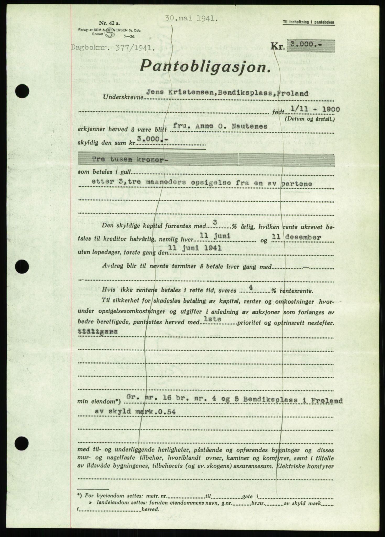 Nedenes sorenskriveri, SAK/1221-0006/G/Gb/Gbb/L0001: Pantebok nr. I, 1939-1942, Dagboknr: 377/1941